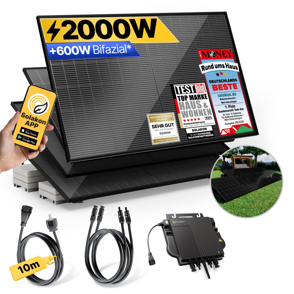 Balkonkraftwerk 2000W/800W Solaranlage mit Garten Halterung Steckerfertig WIFI Komplettset Photovoltaik Anlage 800W, Kabell&auml;nge: 10m - Bild 1