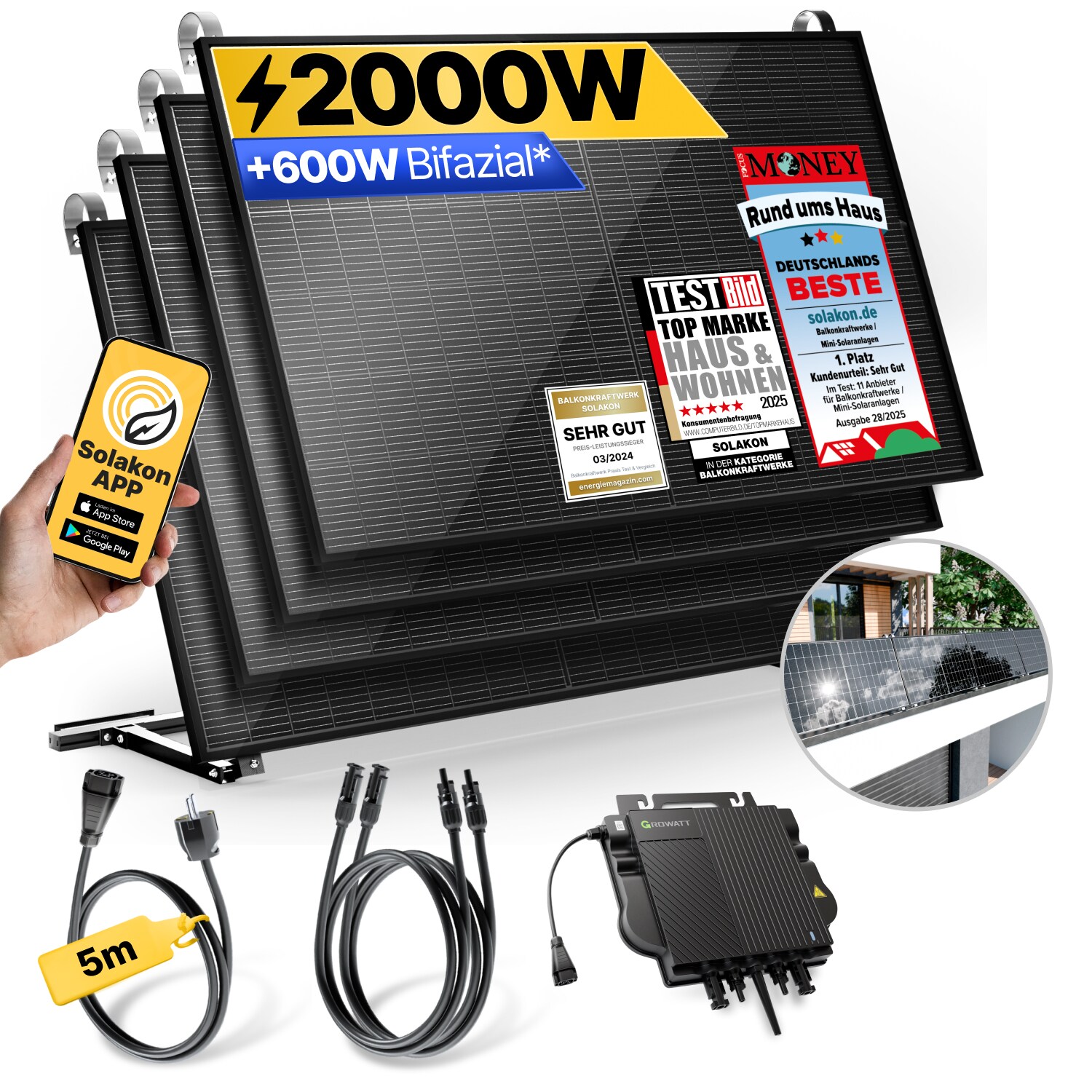 Balkonkraftwerk 2000W/800W Solaranlage mit Balkon Halterung Steckerfertig WIFI Komplettset Photovoltaik Anlage 800W, Kabellänge: 5m | 04262399771527