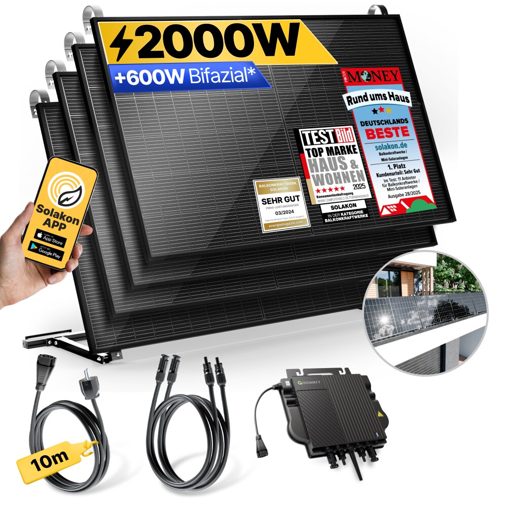Balkonkraftwerk 2000W/800W Solaranlage mit Balkon Halterung Steckerfertig WIFI Komplettset Photovoltaik Anlage 800W, Kabell&auml;nge: 10m - Bild 1