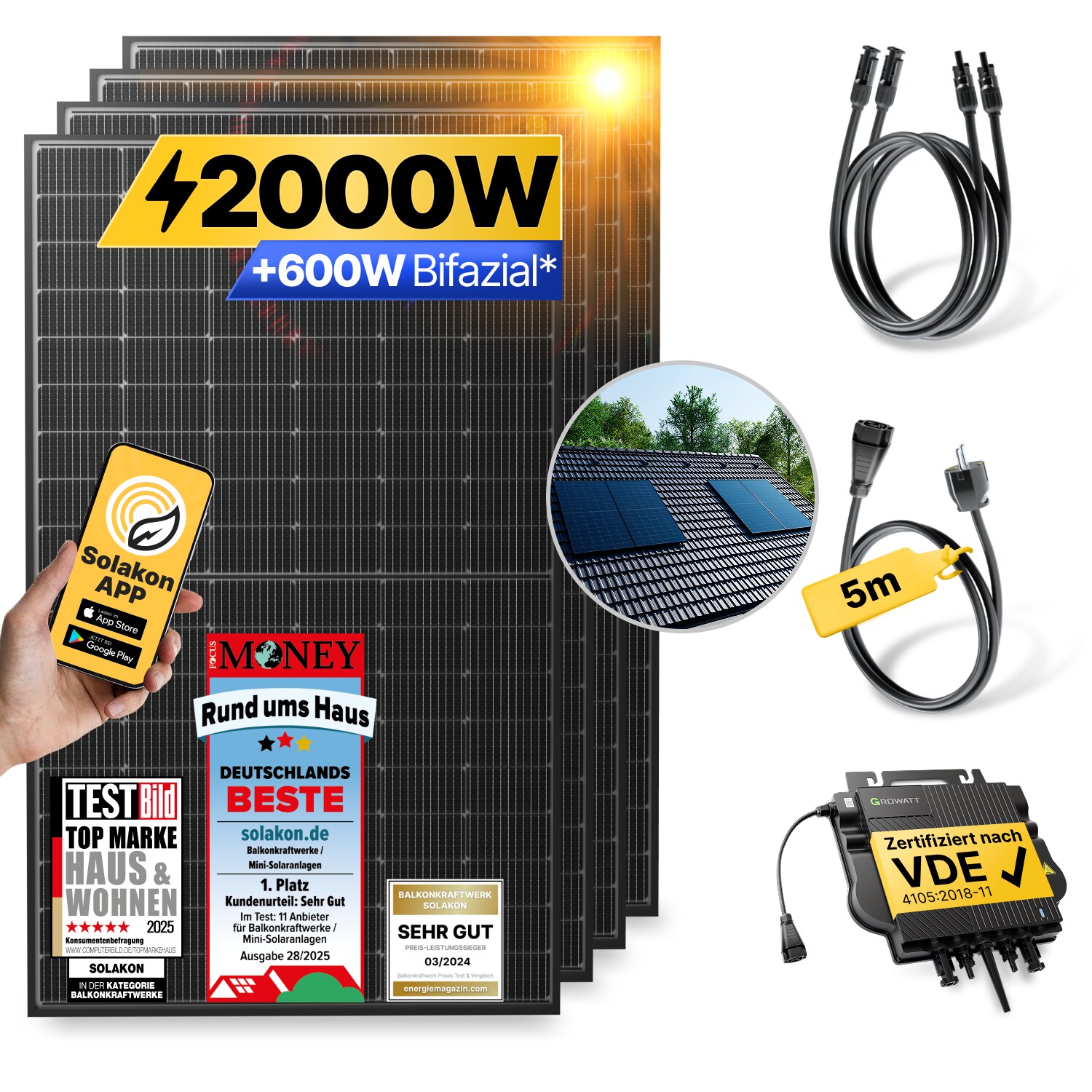 Balkonkraftwerk 2000W/800W Solaranlage mit Dach Halterung (Einzelmontage) Halterung Steckerfertig WIFI Komplettset Photovoltaik Anlage 800W, Kabellänge: 5m | 04262399772159