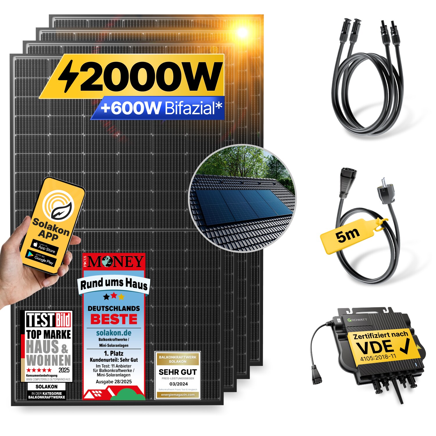 Balkonkraftwerk 2000W/800W Solaranlage mit Dach Halterung (Paarmontage) Halterung Steckerfertig WIFI Komplettset Photovoltaik Anlage 800W, Kabellänge: 5m | 04262399772173