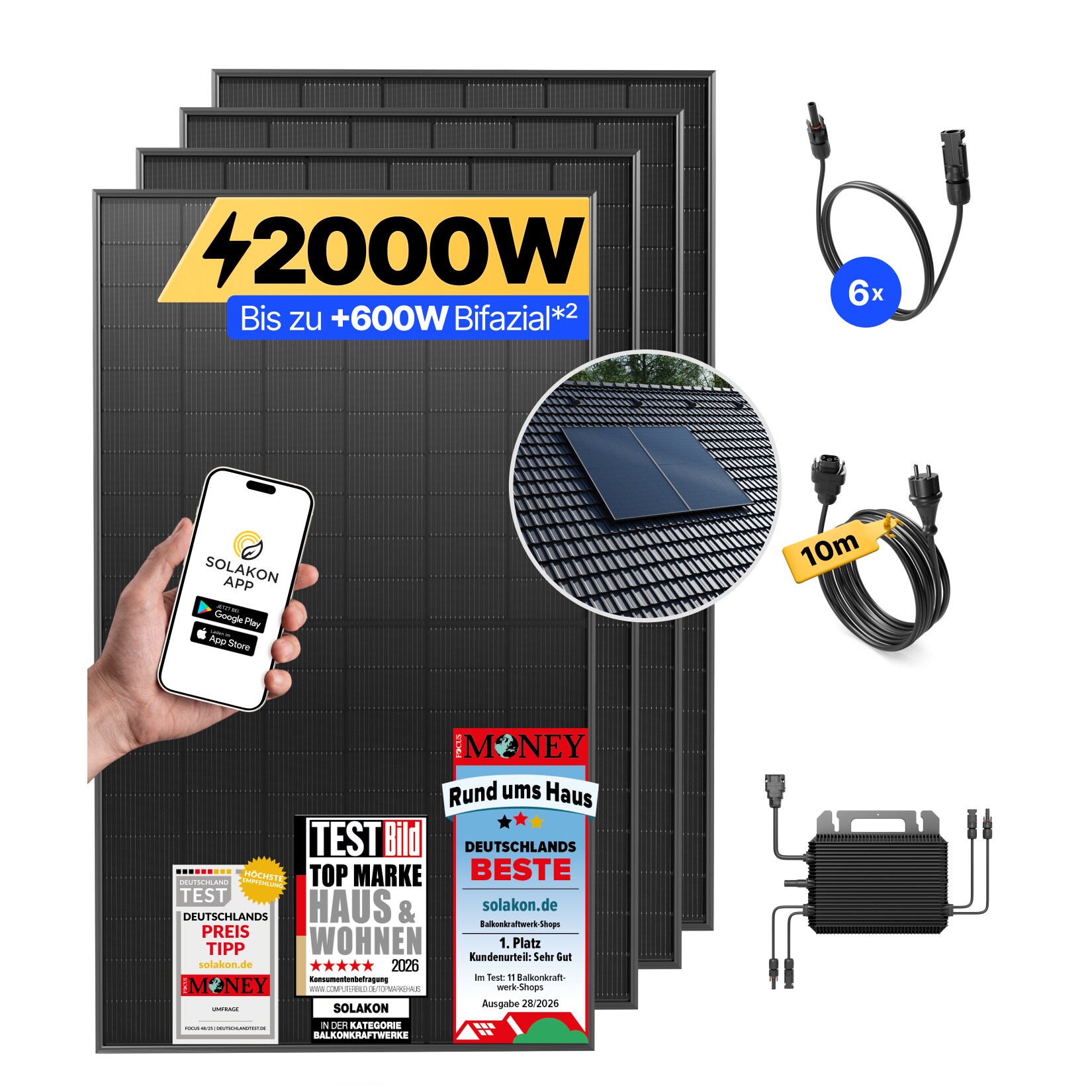 Balkonkraftwerk 2000W/800W Solaranlage mit Dach Halterung (Paarmontage) Halterung Steckerfertig WIFI Komplettset Photovoltaik Anlage 800W, Kabellänge: 10m