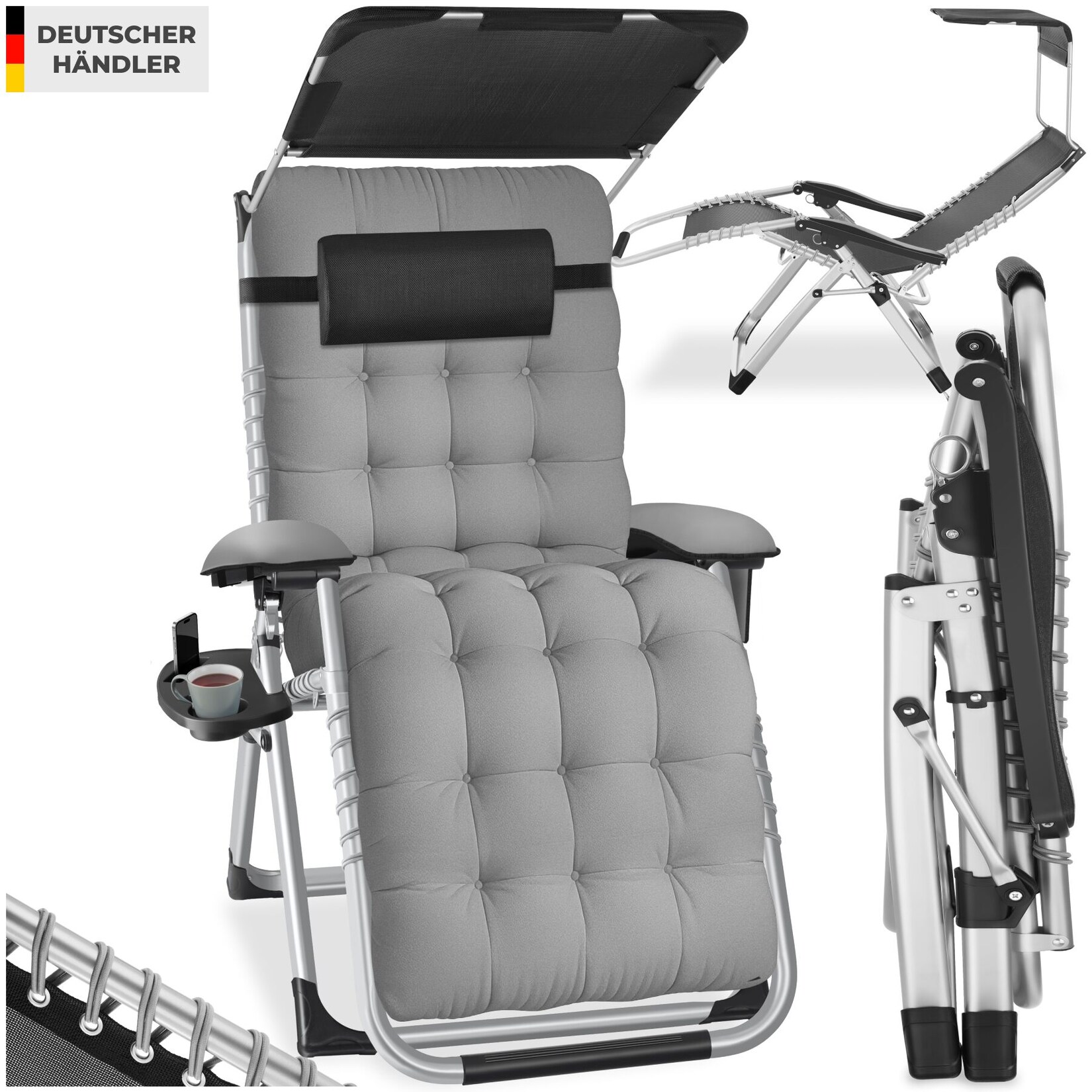 tectake® Sonnenliege, klappbar, flexible Rückenlehne und Fußablage, abnehmbare Sitz-, Arm- und Kopfpolster, mit Ablagetisch und Stautasche