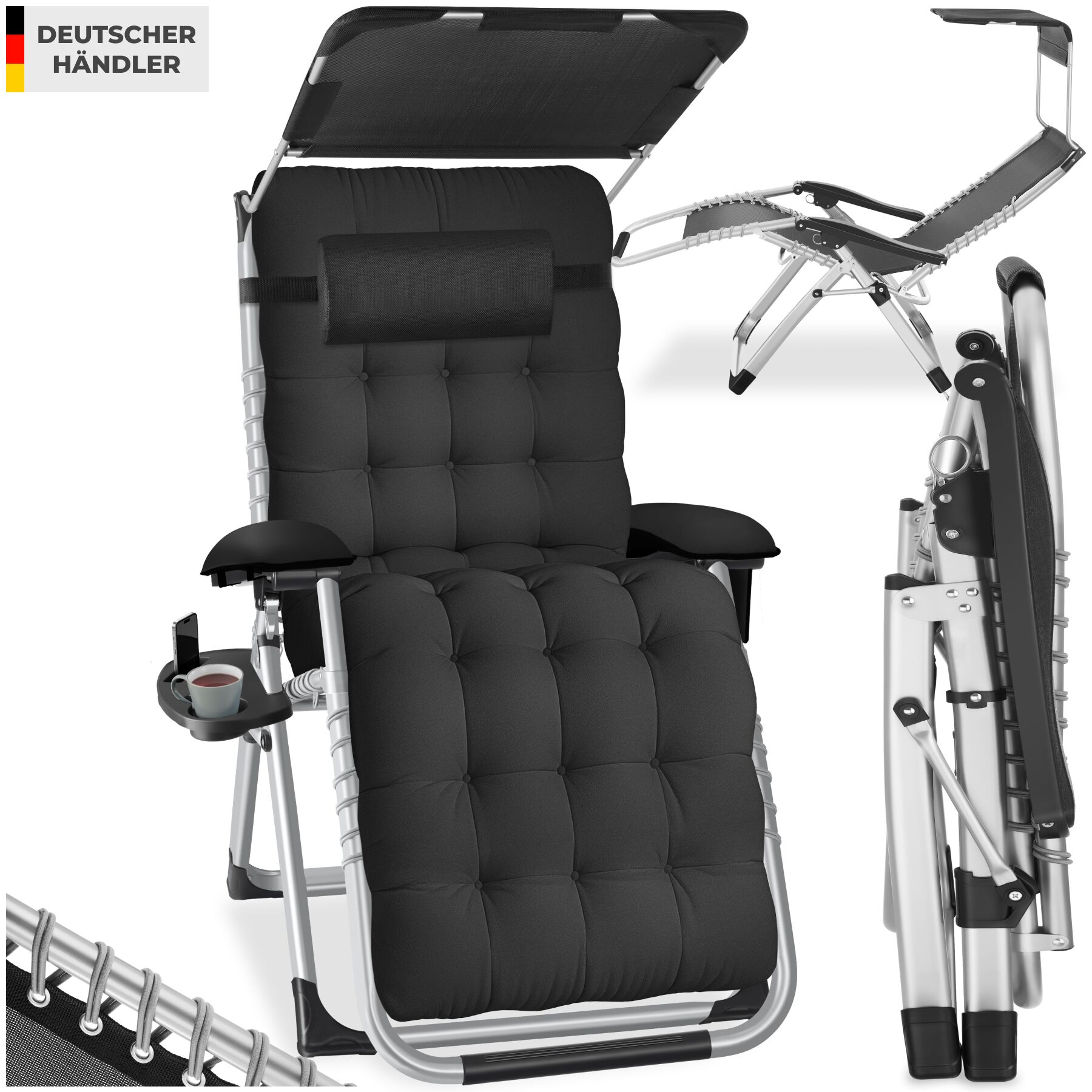 tectake&reg; Sonnenliege, klappbar, flexible R&uuml;ckenlehne und Fu&szlig;ablage, abnehmbare Sitz-, Arm- und Kopfpolster, mit Ablagetisch und Stautasche - Bild 1