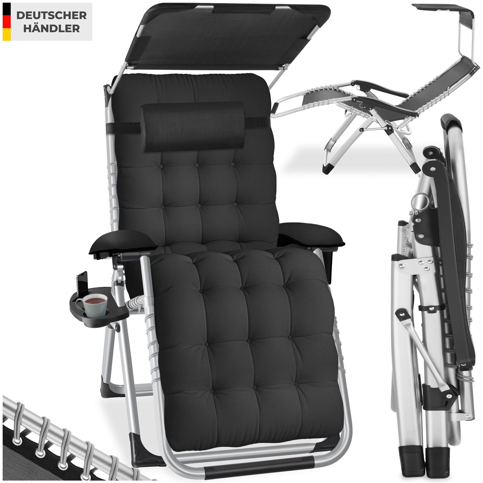 tectake® Sonnenliege, klappbar, flexible Rückenlehne und Fußablage, abnehmbare Sitz-, Arm- und Kopfpolster, mit Ablagetisch und Stautasche