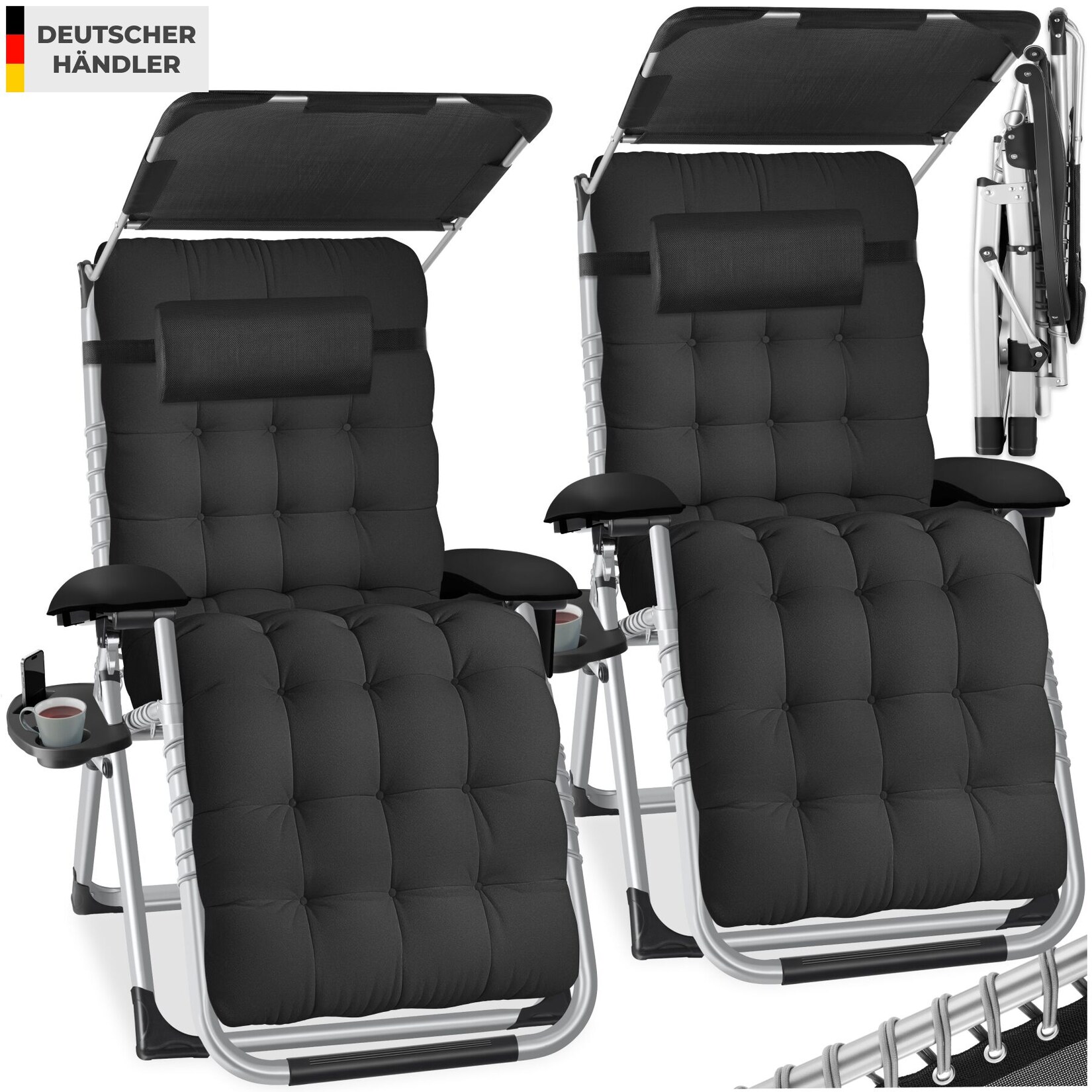 tectake® Sonnenliege, klappbar, flexible Rückenlehne und Fußablage, abnehmbare Sitz-, Arm- und Kopfpolster, mit Ablagetisch und Stautasche