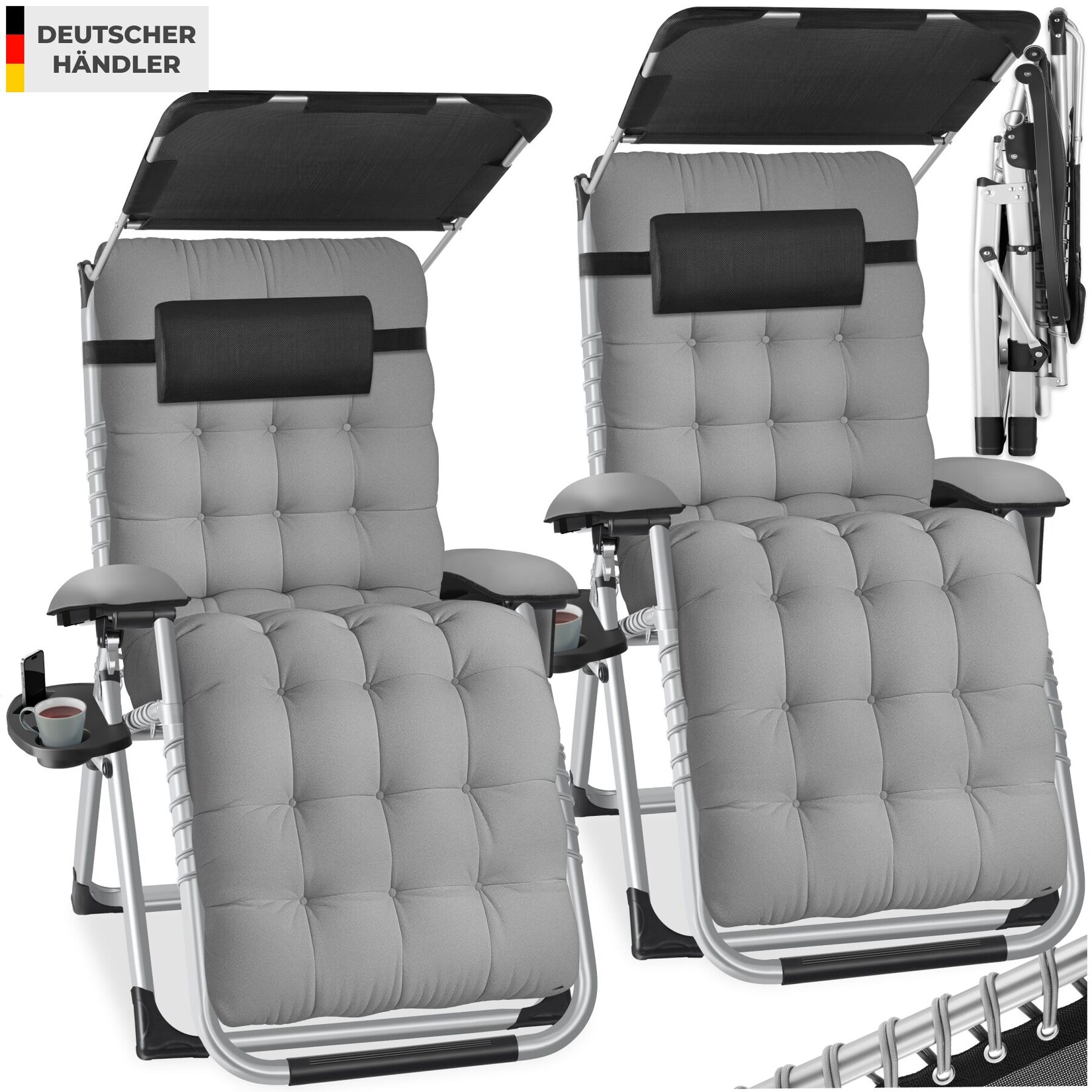 tectake® Sonnenliege, klappbar, flexible Rückenlehne und Fußablage, abnehmbare Sitz-, Arm- und Kopfpolster, mit Ablagetisch und Stautasche