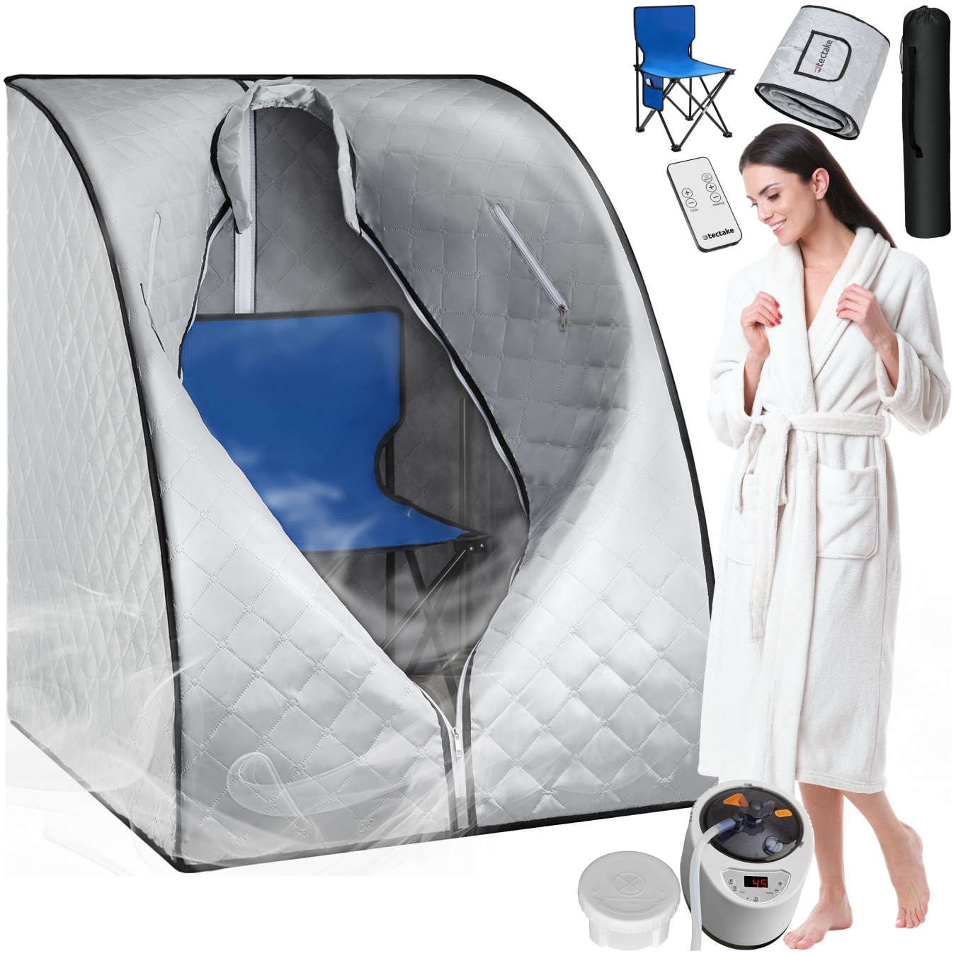 tectake&reg; Mobile Dampfsauna, 2 Liter Dampfgenerator mit 1000 W, Stecksystem, mit Aufbewahrungsfach, inkl. Fernbedienung, Matte, Klappstuhl und Tragetasche - Bild 1