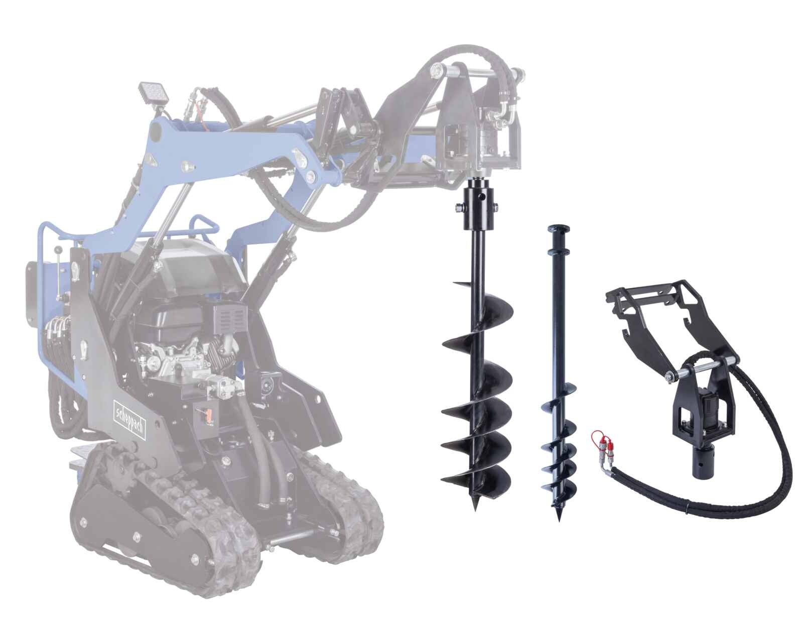 Scheppach Antriebseinheit für Erdbohrer + Erdbohrer ø 100mm + Erdbohrer ø 200mm für Kompaktlader MKL730