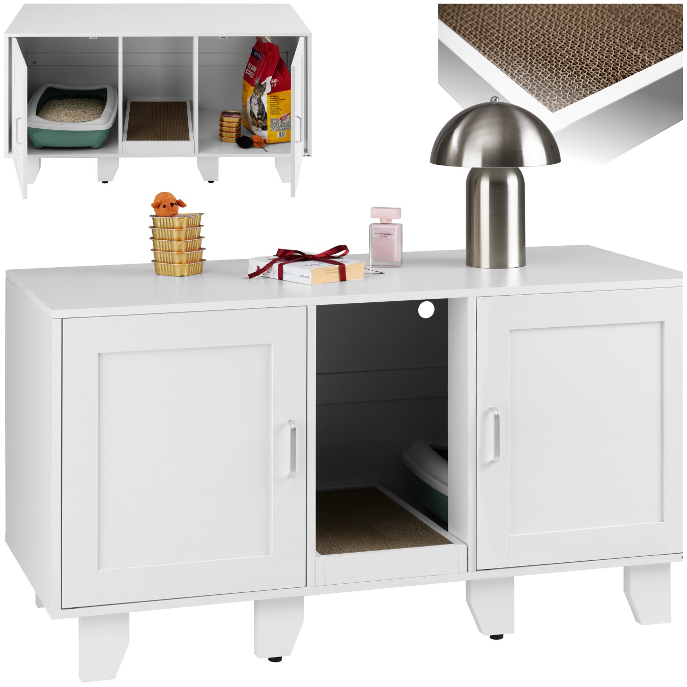 tectake® Katzenschrank, versteckte Eingänge an den Innenseiten, Belüftungslöcher und 4 höhenverstellbare Beine, inklusive Kratzmatte, 120 x 52 x 65 cm | 04061173277732