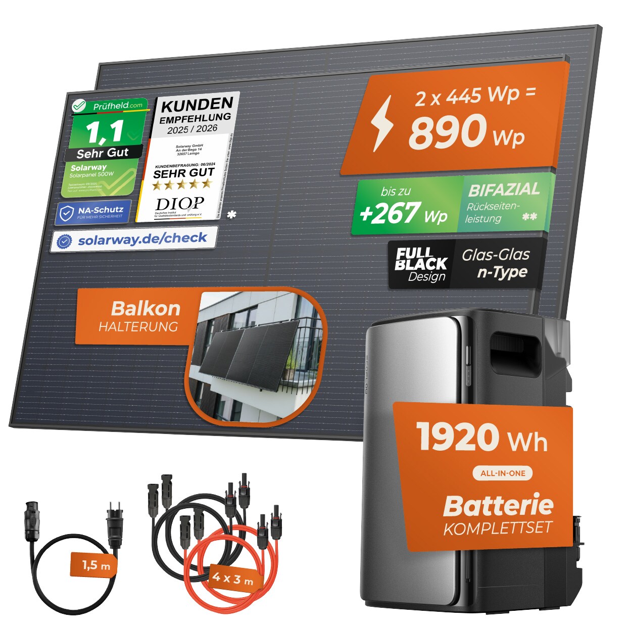 ® 890Wp / 800W Balkonkraftwerk mit 1,9kWh Speicher komplett Steckdose - 1,9 kWh EcoFlow Stream Max - Solaranlage Komplettset - 445W bifaziale Solarmodule & EcoFlow Speicher & Zubehör