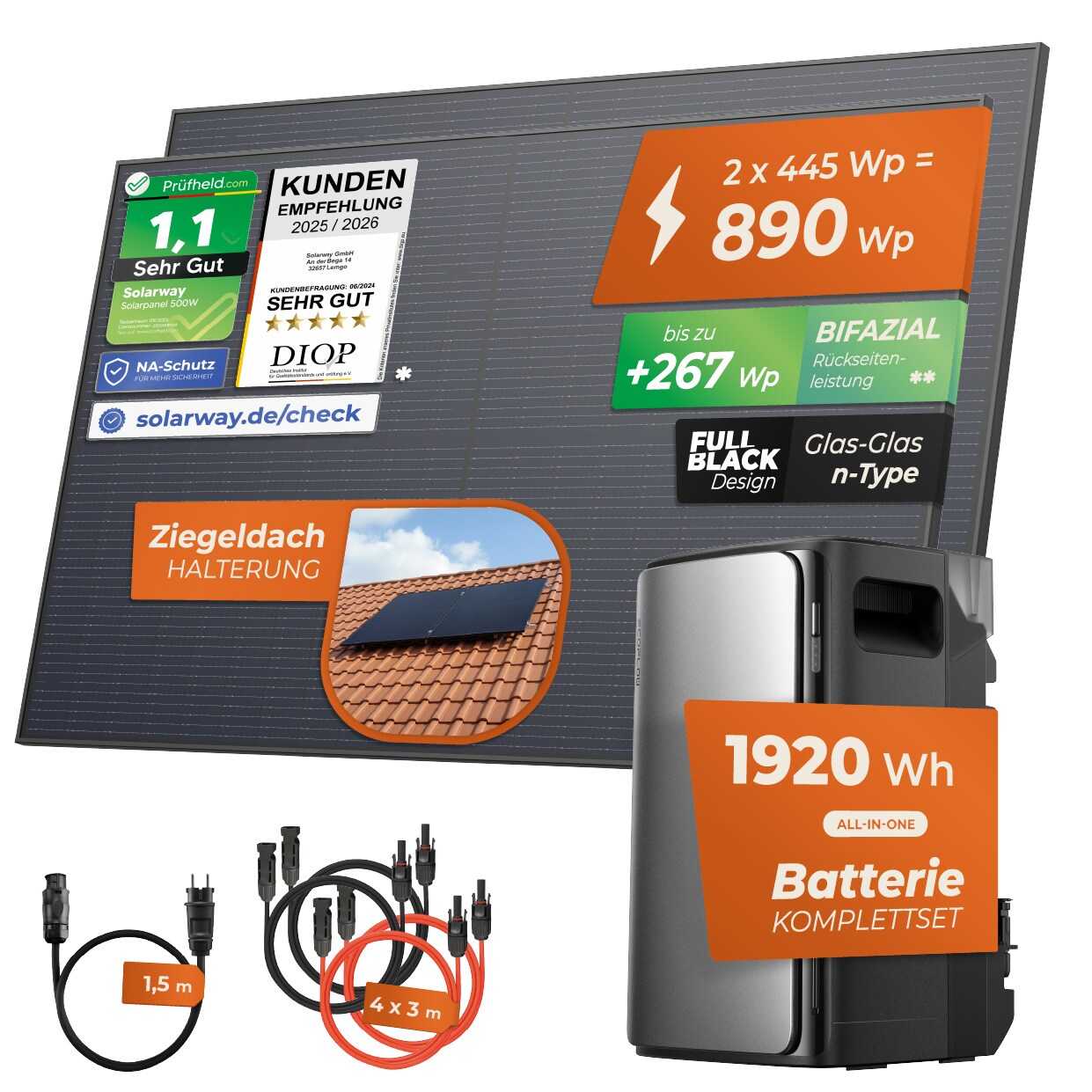 ® 890Wp / 800W Balkonkraftwerk mit 1,9kWh Speicher komplett Steckdose - 1,9 kWh EcoFlow Stream Max - Solaranlage Komplettset - 445W bifaziale Solarmodule & EcoFlow Speicher & Zubehör