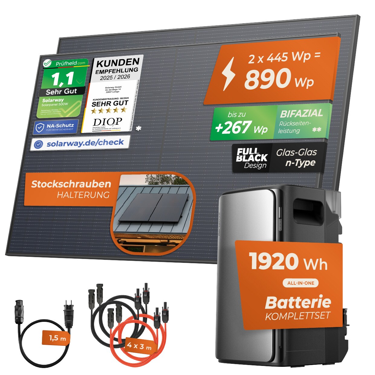 ® 890Wp / 800W Balkonkraftwerk mit 1,9kWh Speicher komplett Steckdose - 1,9 kWh EcoFlow Stream Max - Solaranlage Komplettset - 445W bifaziale Solarmodule & EcoFlow Speicher & Zubehör