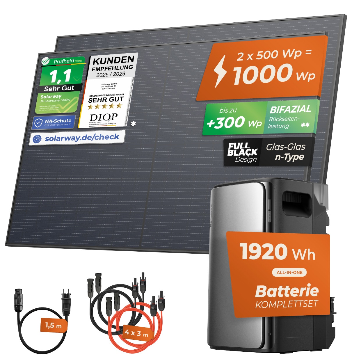 Solarway&reg; 1000Wp / 800W Balkonkraftwerk mit 1,9kWh Speicher komplett Steckdose - 1,9 kWh EcoFlow Stream Max - Solaranlage Komplettset - 500W bifaziale Solarmodule & EcoFlow Speicher & Zubeh&ouml;r - Bild 1