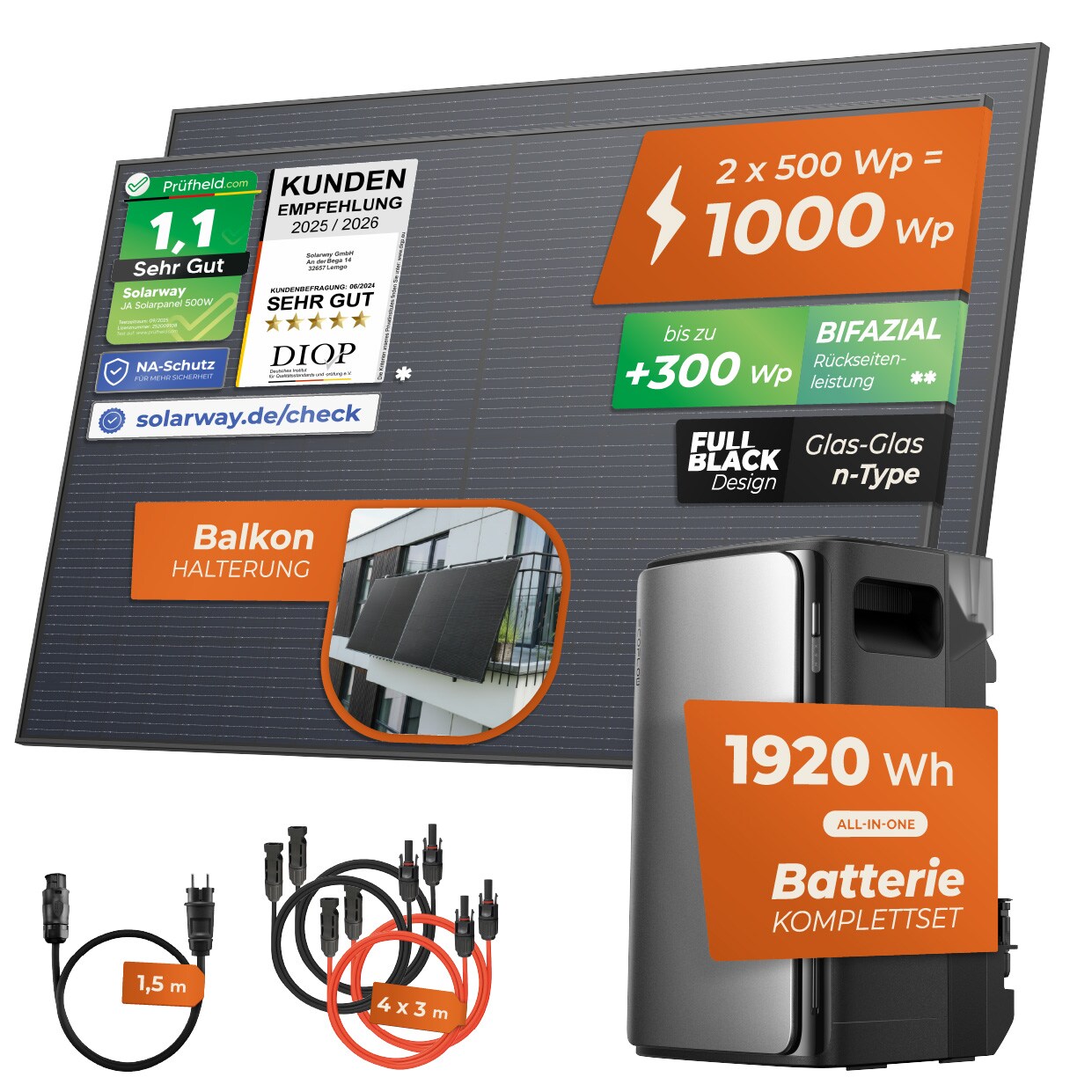 Solarway® 1000Wp / 800W Balkonkraftwerk mit 1,9kWh Speicher komplett Steckdose – 1,9 kWh EcoFlow Stream Max – Solaranlage Komplettset – 500W bifaziale Solarmodule & EcoFlow Speicher & Zubehör | 04262403076679