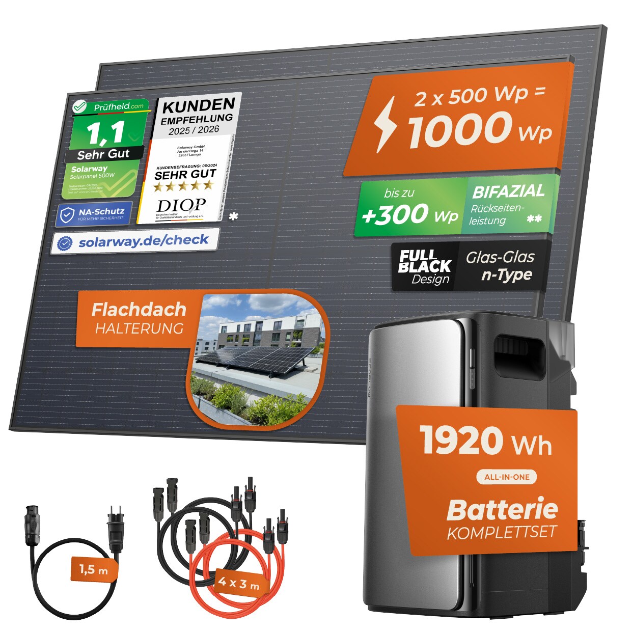 Solarway&reg; 1000Wp / 800W Balkonkraftwerk mit 1,9kWh Speicher komplett Steckdose - 1,9 kWh EcoFlow Stream Max - Solaranlage Komplettset - 500W bifaziale Solarmodule & EcoFlow Speicher & Zubeh&ouml;r - Bild 1