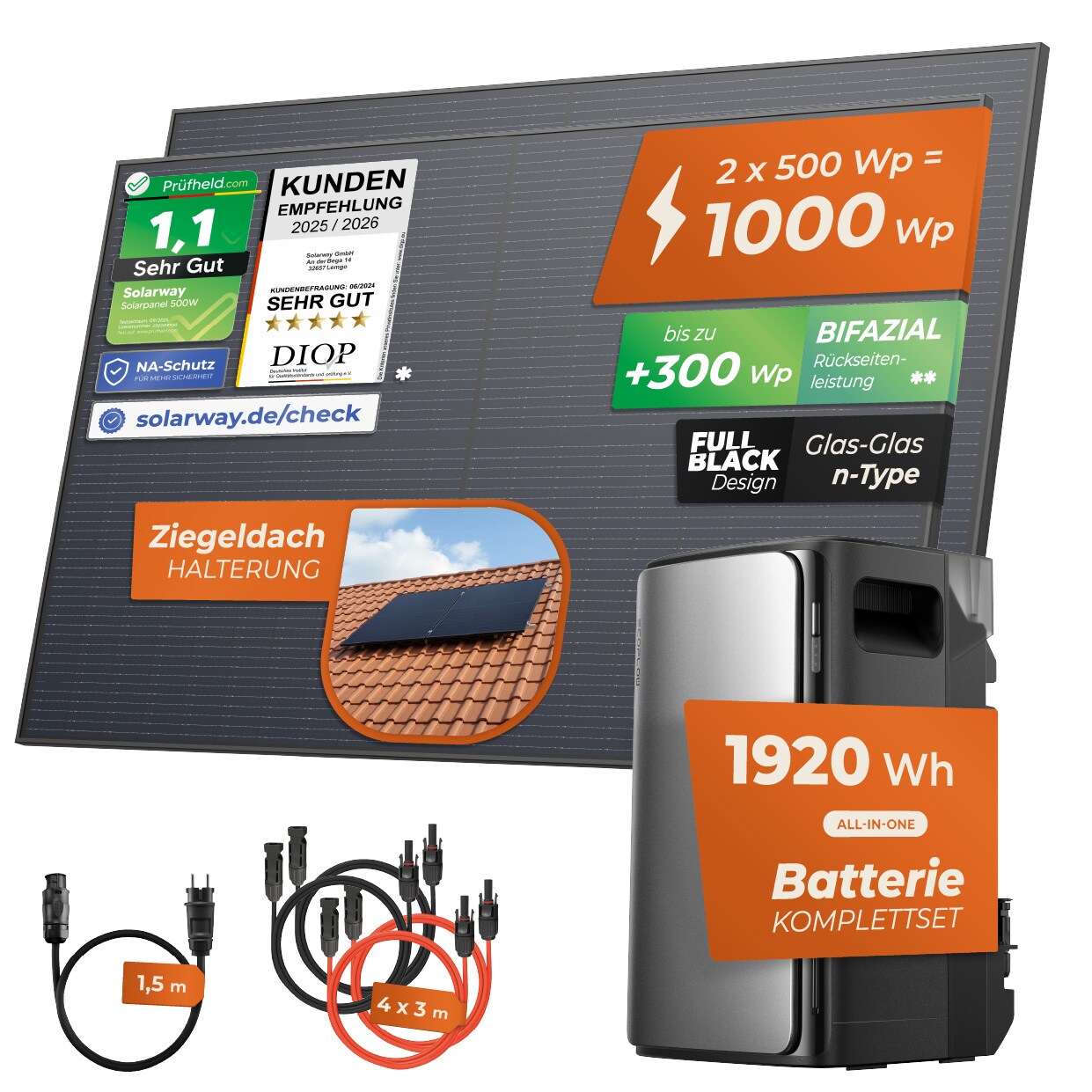 Solarway® 1000Wp / 800W Balkonkraftwerk mit 1,9kWh Speicher komplett Steckdose - 1,9 kWh EcoFlow Stream Max - Solaranlage Komplettset - …