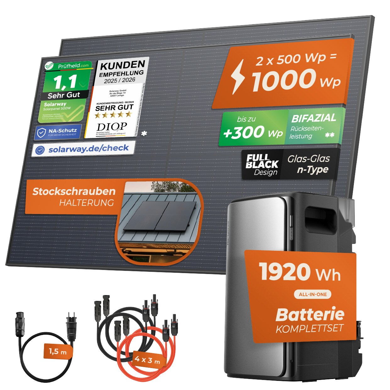 Solarway&reg; 1000Wp / 800W Balkonkraftwerk mit 1,9kWh Speicher komplett Steckdose - 1,9 kWh EcoFlow Stream Max - Solaranlage Komplettset - 500W bifaziale Solarmodule & EcoFlow Speicher & Zubeh&ouml;r - Bild 1