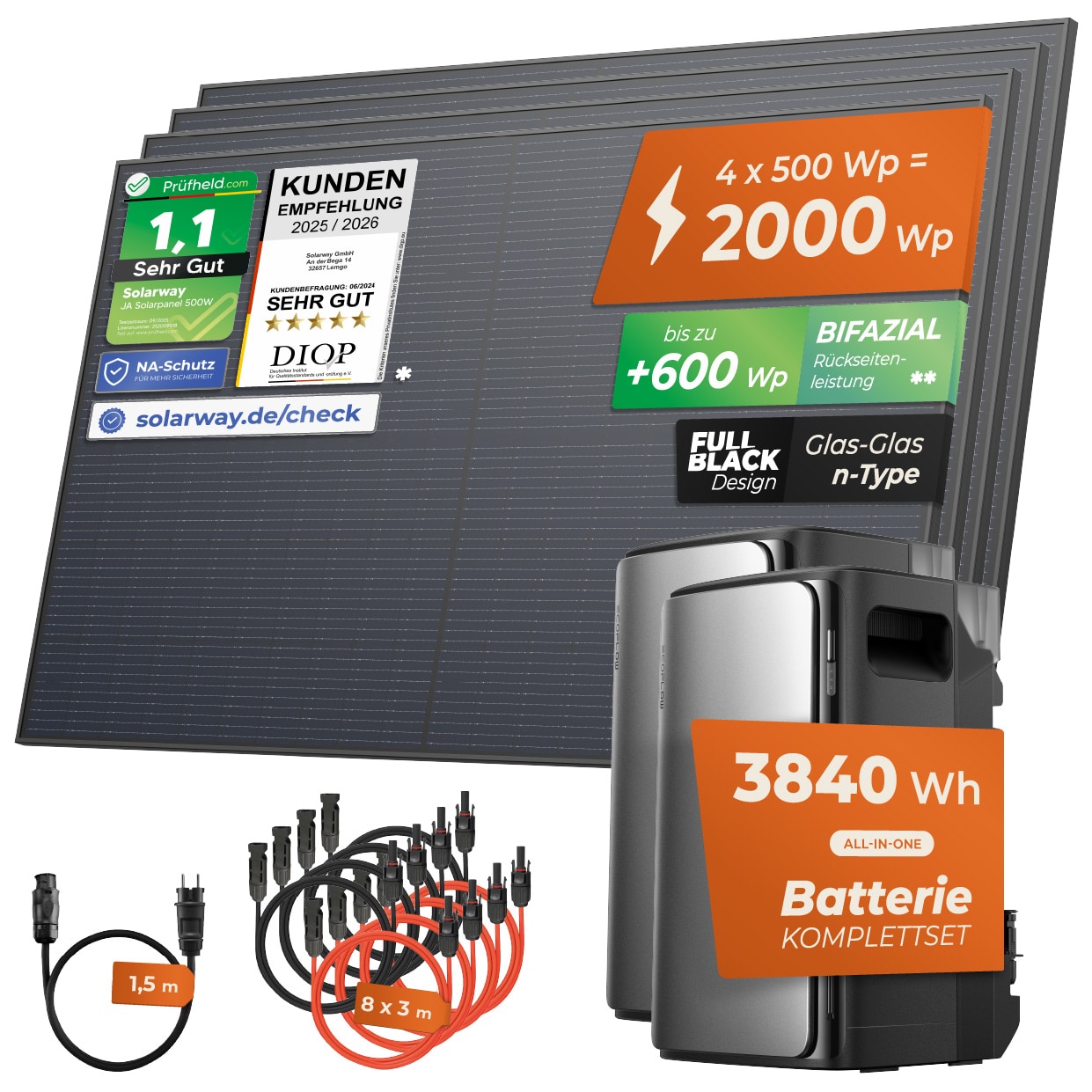 Solarway&reg; 2000Wp / 800W Balkonkraftwerk mit 3,8kWh Speicher komplett Steckdose - 3,8 kWh EcoFlow STREAM Ultra + AC Pro - Solaranlage Komplettset - 500W Solarmodule & EcoFlow Speicher & Zubeh&ouml;r - Ohne Halterung - Bild 1