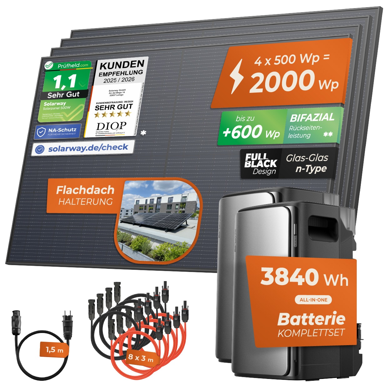 Solarway&reg; 2000Wp / 800W Balkonkraftwerk mit 3,8kWh Speicher komplett Steckdose - 3,8 kWh EcoFlow STREAM Ultra + AC Pro - Solaranlage Komplettset - 500W Solarmodule & EcoFlow Speicher & Zubeh&ouml;r - Bild 1