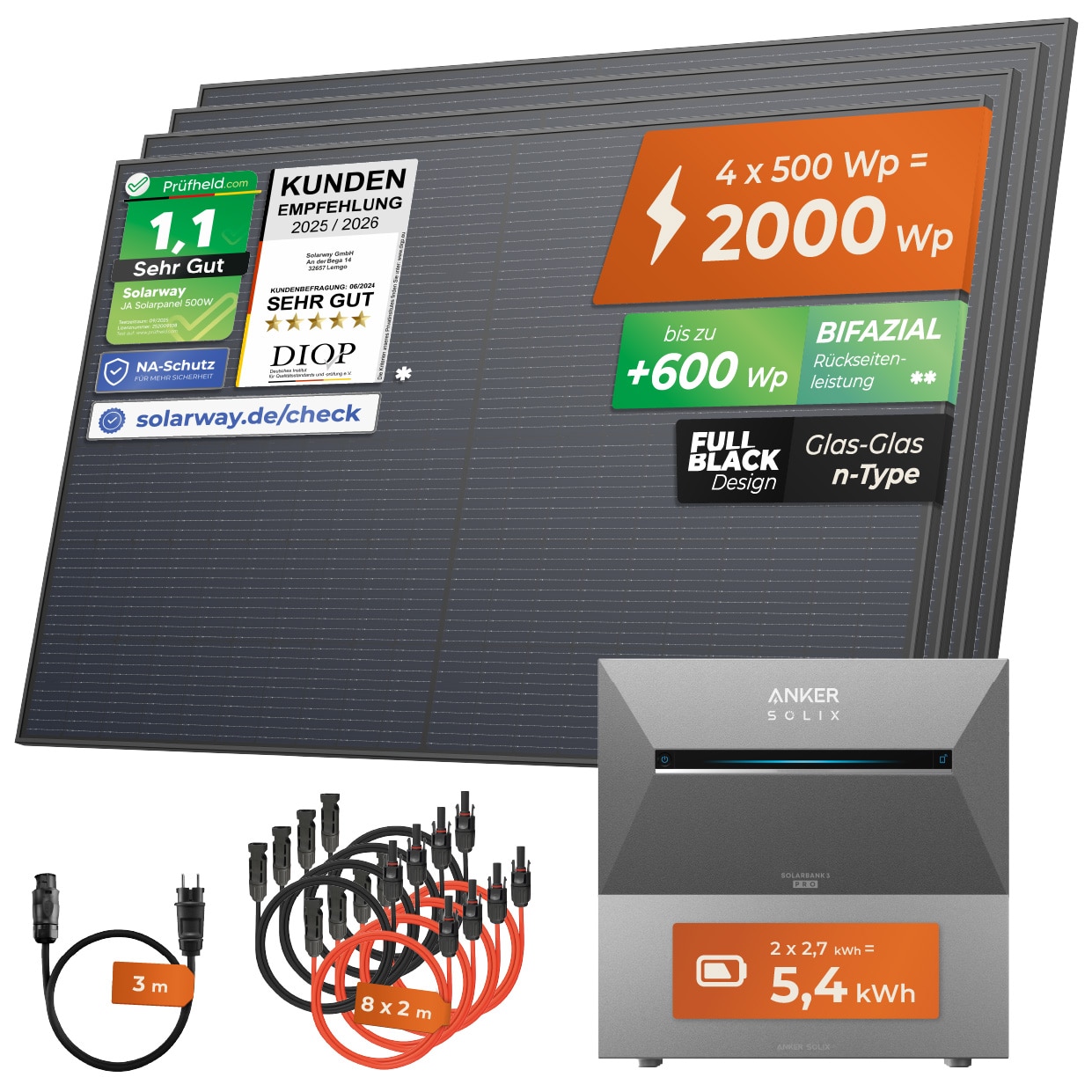 Solarway&reg; 2000Wp / 800W Balkonkraftwerk mit 5,4kWh Speicher komplett Steckdose - 5,4 kWh Anker Solix 3 PRO Speicher - Solaranlage Komplettset - 500W Solarmodule & Anker Speicher & Zubeh&ouml;r - Ohne Halterung - Bild 1