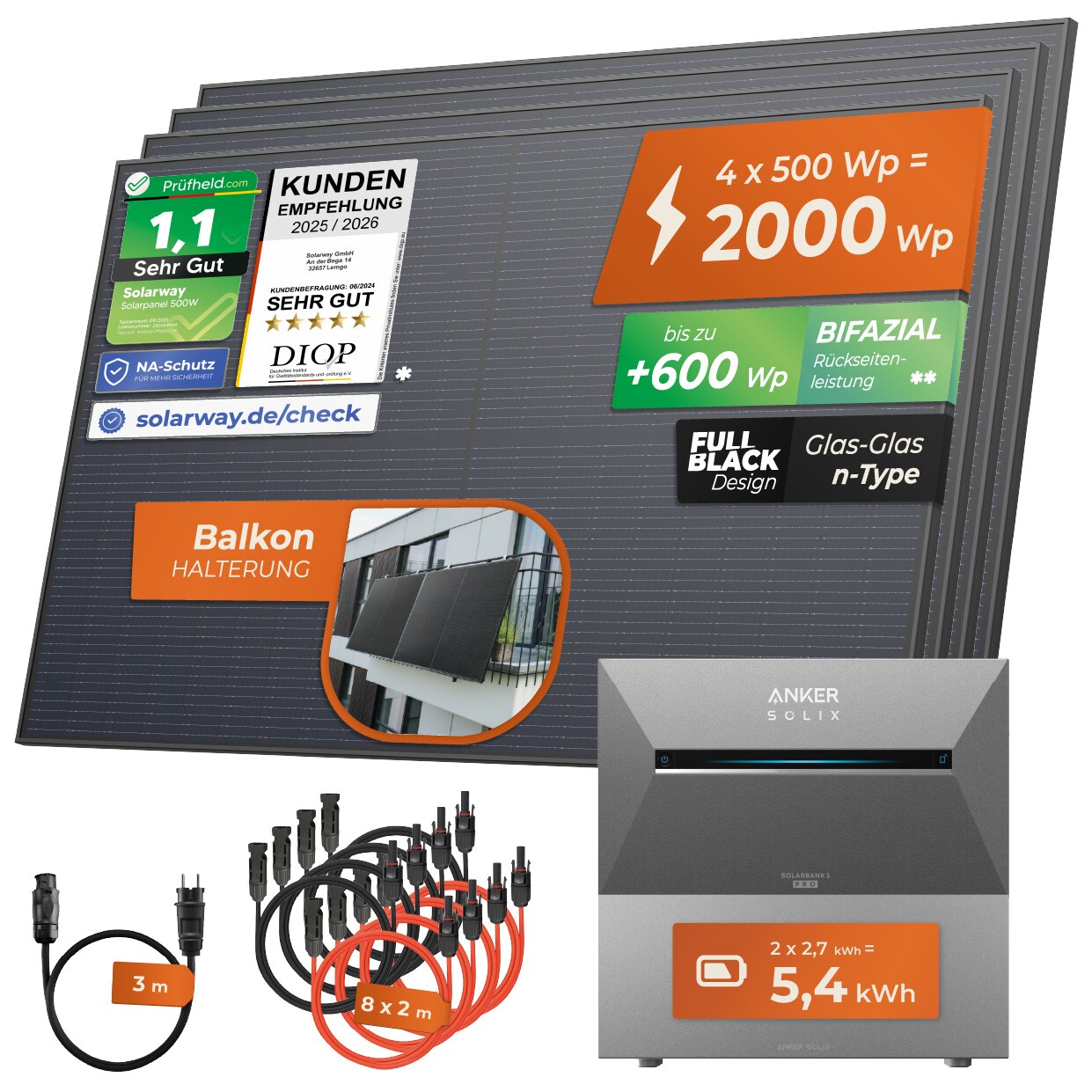Solarway&reg; 2000Wp / 800W / 5,4kWh Balkonkraftwerk mit Speicher komplett Steckdose - 5,4kWh Anker SOLIX 3 PRO Speicher - Solaranlage Komplettset - 500W Solarmodule & Anker Speicher & Zubeh&ouml;r - Bild 1