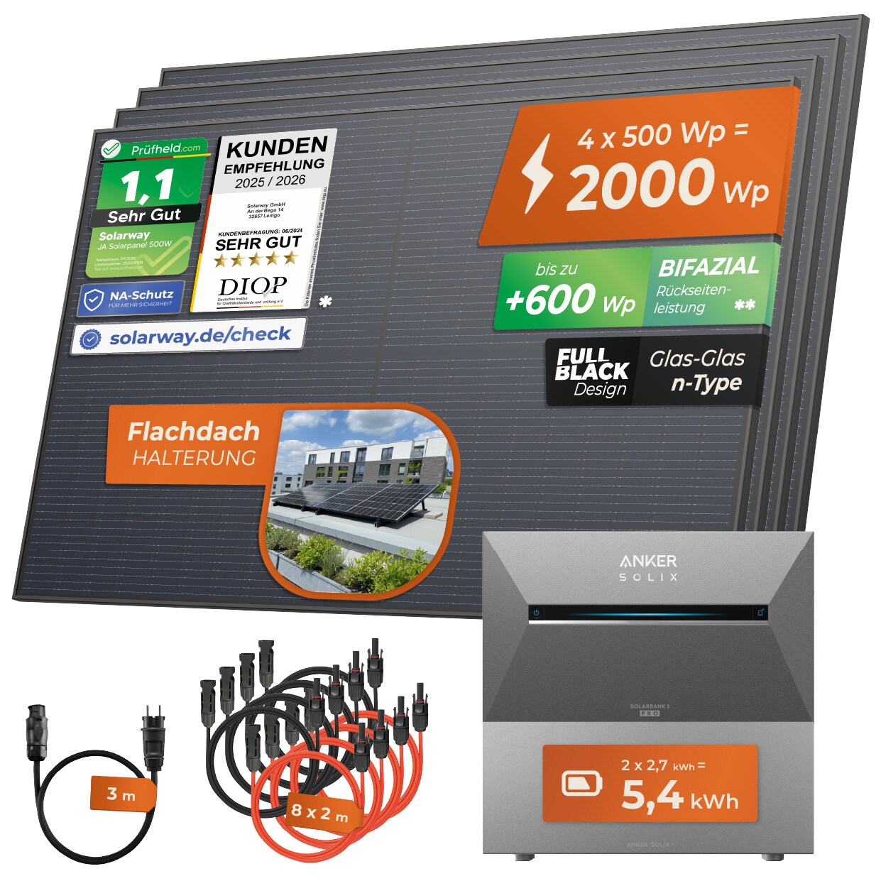 Solarway® 2000Wp / 800W / 5,4kWh Balkonkraftwerk mit Speicher komplett Steckdose - 5,4kWh Anker SOLIX 3 PRO Speicher - Solaranlage …