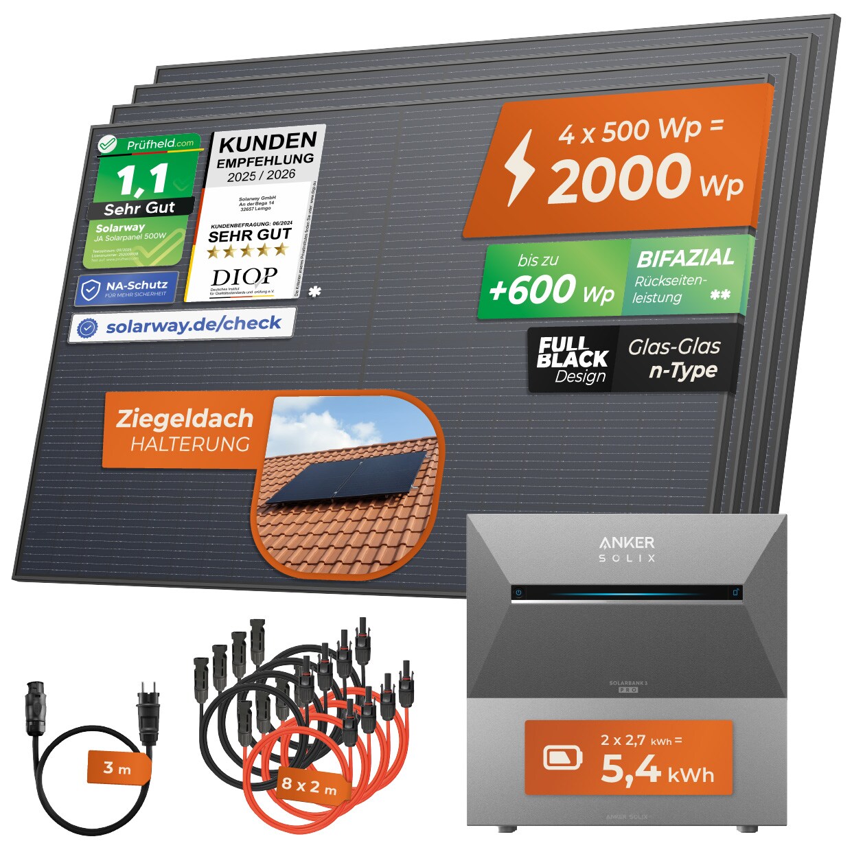 Solarway® 2000Wp / 800W Balkonkraftwerk mit 5,4kWh Speicher komplett Steckdose – 5,4 kWh Anker Solix 3 PRO Speicher – Solaranlage Komplettset – 500W Solarmodule & Anker Speicher & Zubehör – Ziegeldach Halterung | 04262403076273
