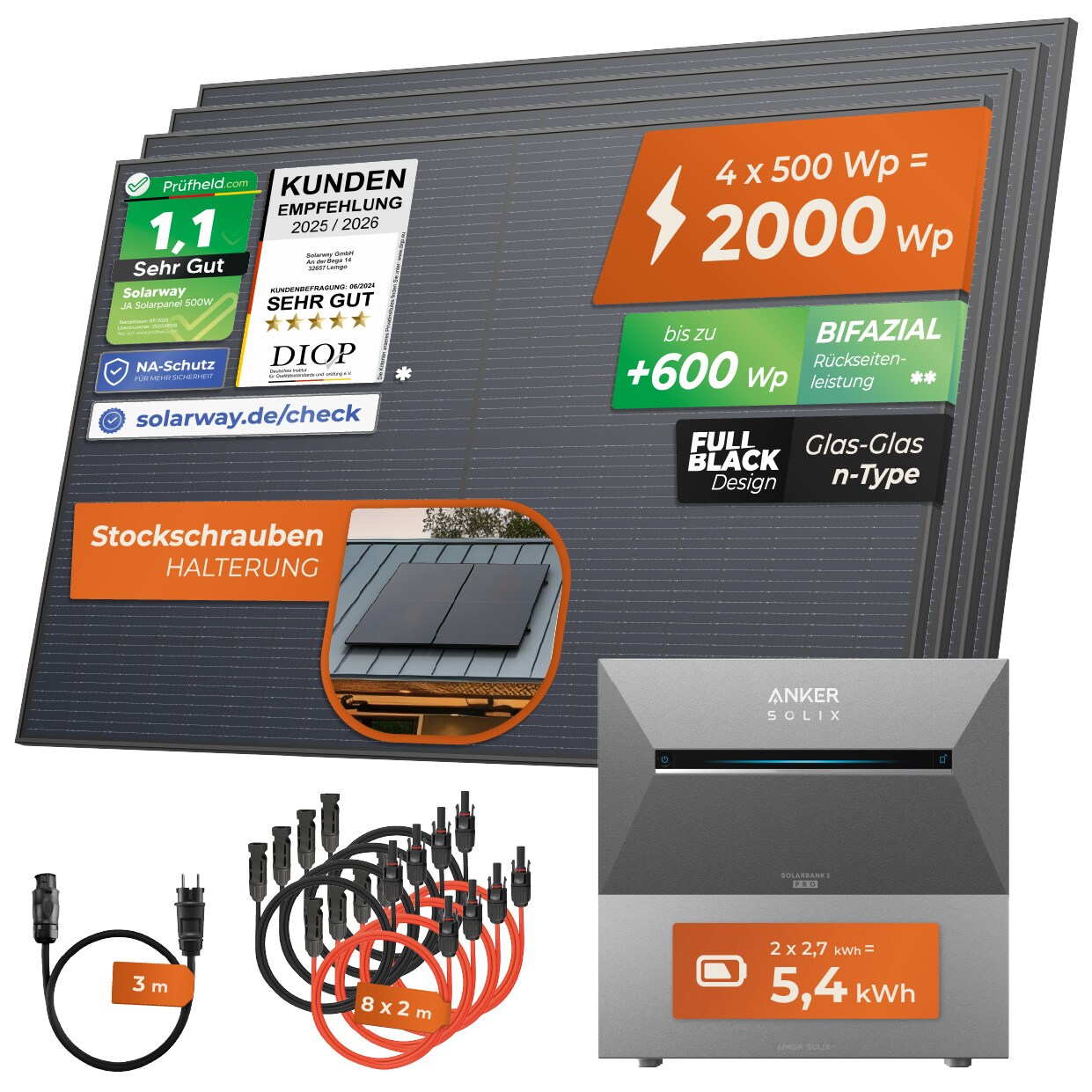 Solarway® 2000Wp / 800W / 5,4kWh Balkonkraftwerk mit Speicher komplett Steckdose - 5,4kWh Anker SOLIX 3 PRO Speicher - Solaranlage …