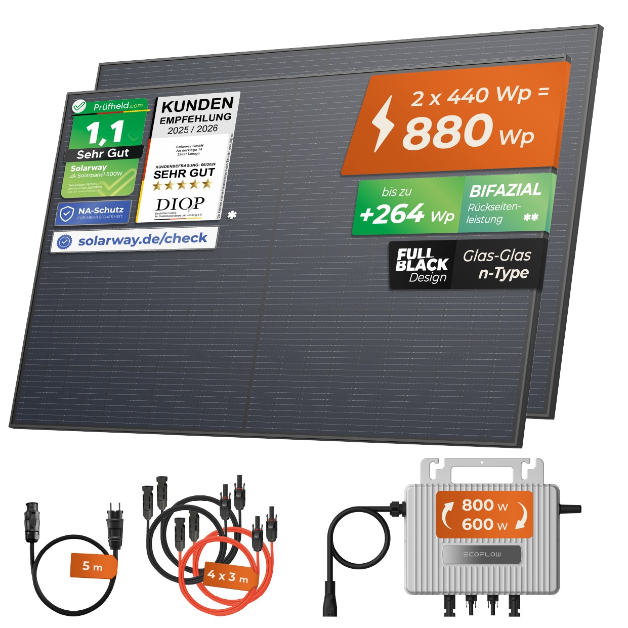 Solarway&reg; 880Wp / 800W Balkonkraftwerk komplett Steckdose - neuester EcoFlow Stream 800 Watt Wechselrichter - Solaranlage Komplettset - 440W bifaziale black Solarmodule & EcoFlow & Zubeh&ouml;r - Ohne Halterung - Bild 1