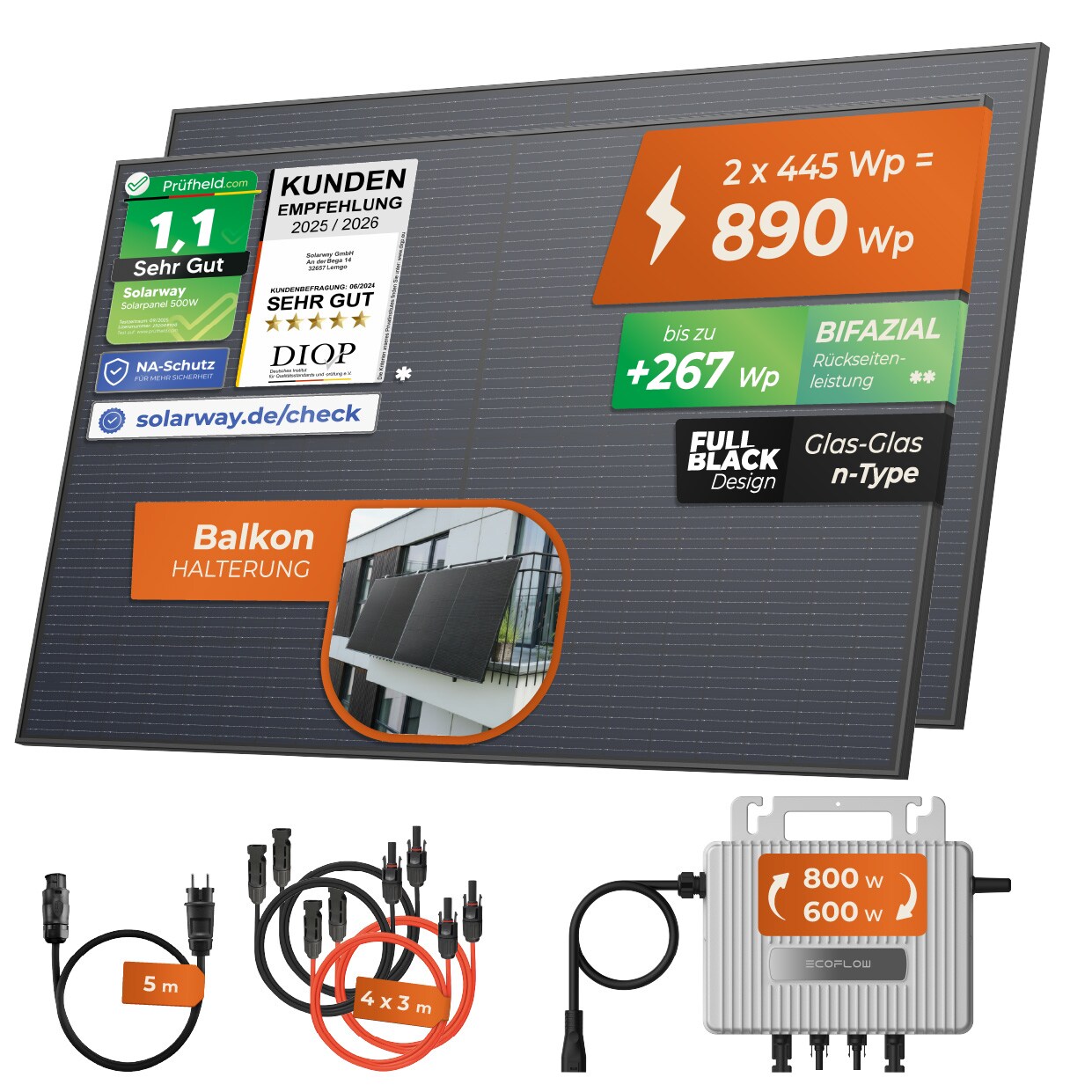 Solarway&reg; 890Wp / 800W Balkonkraftwerk komplett Steckdose - neuester EcoFlow Stream 800 Watt Wechselrichter - Solaranlage Komplettset - 445W bifaziale Solarmodule & EcoFlow & Zubeh&ouml;r - Bild 1