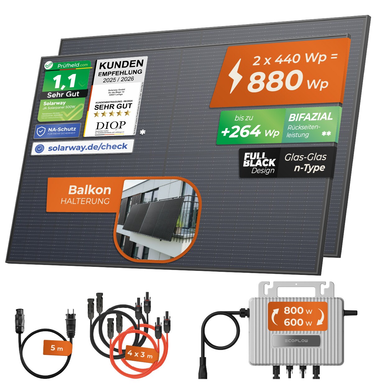 Solarway® 890Wp / 800W Balkonkraftwerk komplett Steckdose - neuester EcoFlow Stream 800 Watt Wechselrichter - Solaranlage Komplettset - …