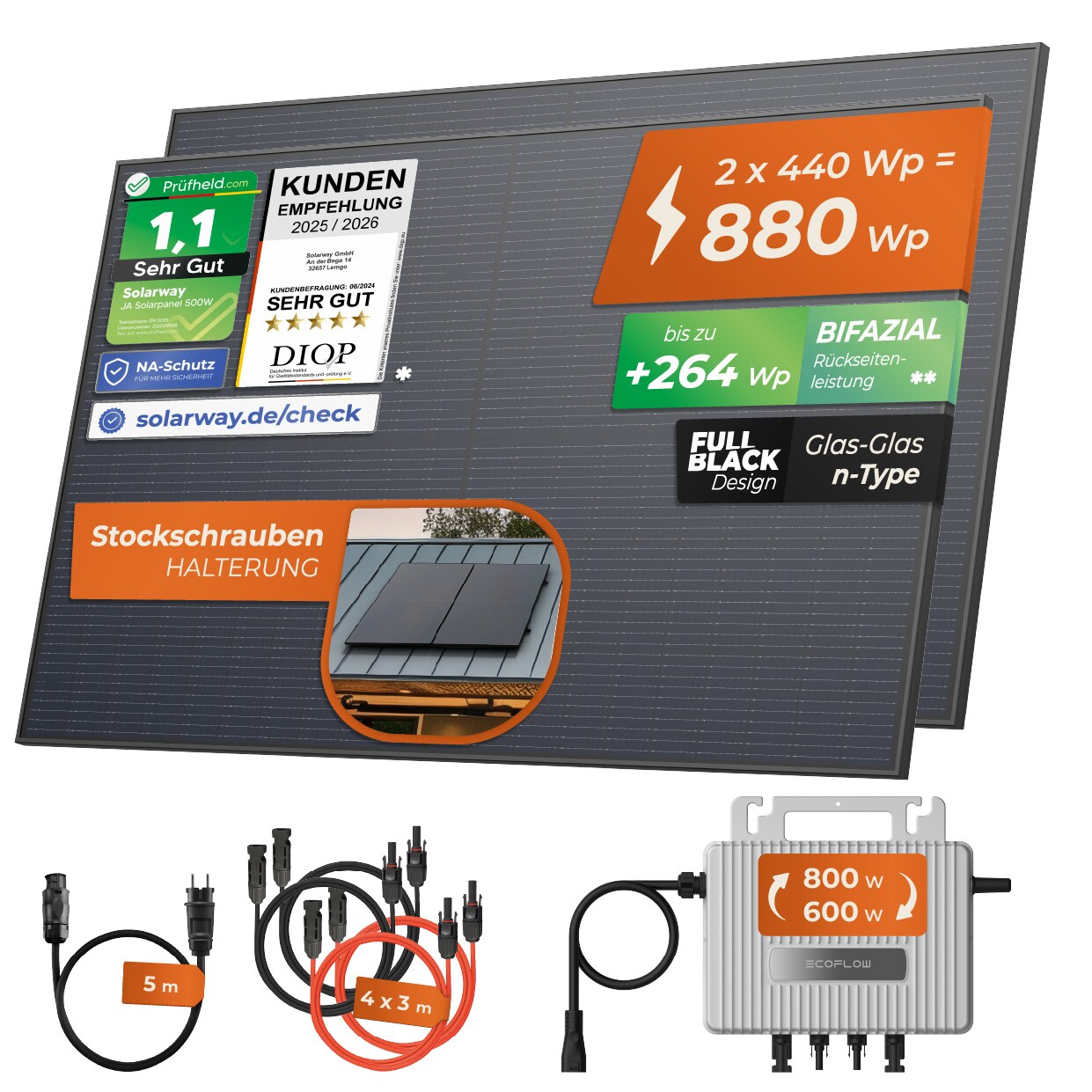 Solarway® 890Wp / 800W Balkonkraftwerk komplett Steckdose - neuester EcoFlow Stream 800 Watt Wechselrichter - Solaranlage Komplettset - 445W bifaziale Solarmodule & EcoFlow & Zubehör