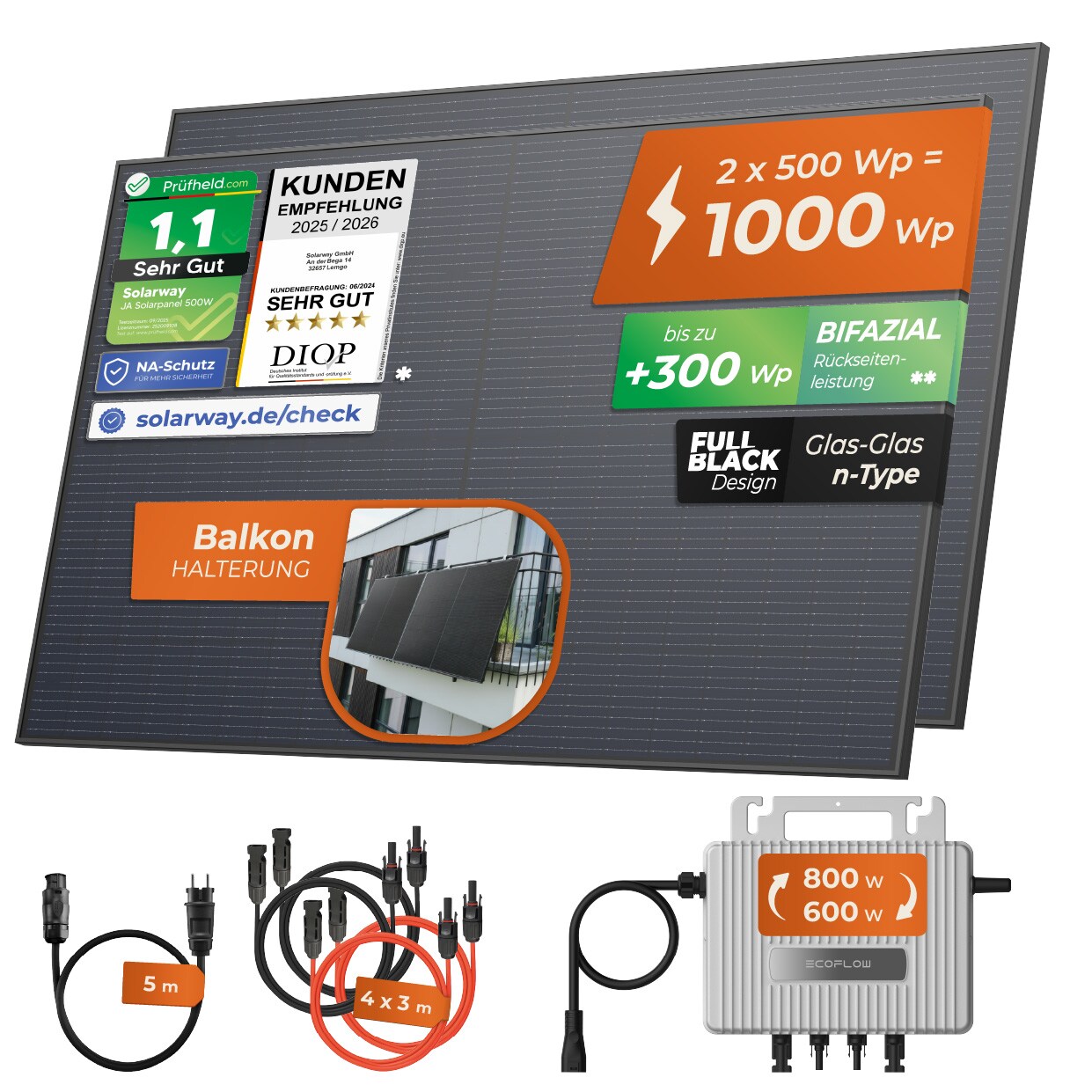 Solarway® 1000Wp / 800W Balkonkraftwerk komplett Steckdose - neuester EcoFlow Stream 800 Watt Wechselrichter - Solaranlage Komplettset - 500W bifaziale black Solarmodule & EcoFlow & Zubehör