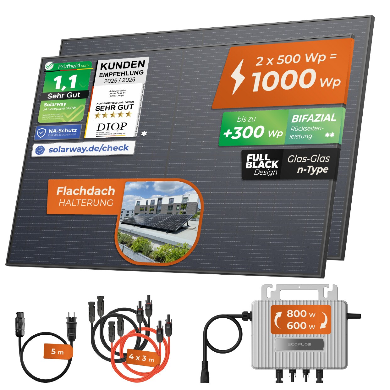 Solarway® 1000Wp / 800W Balkonkraftwerk komplett Steckdose - neuester EcoFlow Stream 800 Watt Wechselrichter - Solaranlage Komplettset - 500W bifaziale black Solarmodule & EcoFlow & Zubehör
