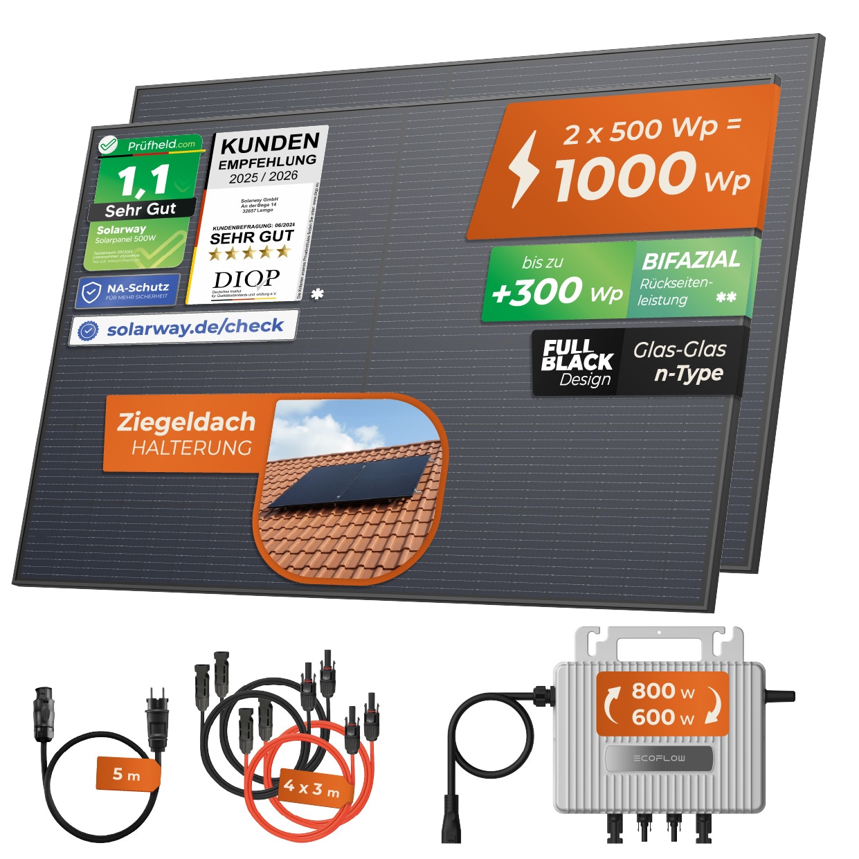 Solarway&reg; 1000Wp / 800W Balkonkraftwerk komplett Steckdose - neuester EcoFlow Stream 800 Watt Wechselrichter - Solaranlage Komplettset - 500W bifaziale black Solarmodule & EcoFlow & Zubeh&ouml;r - Bild 1