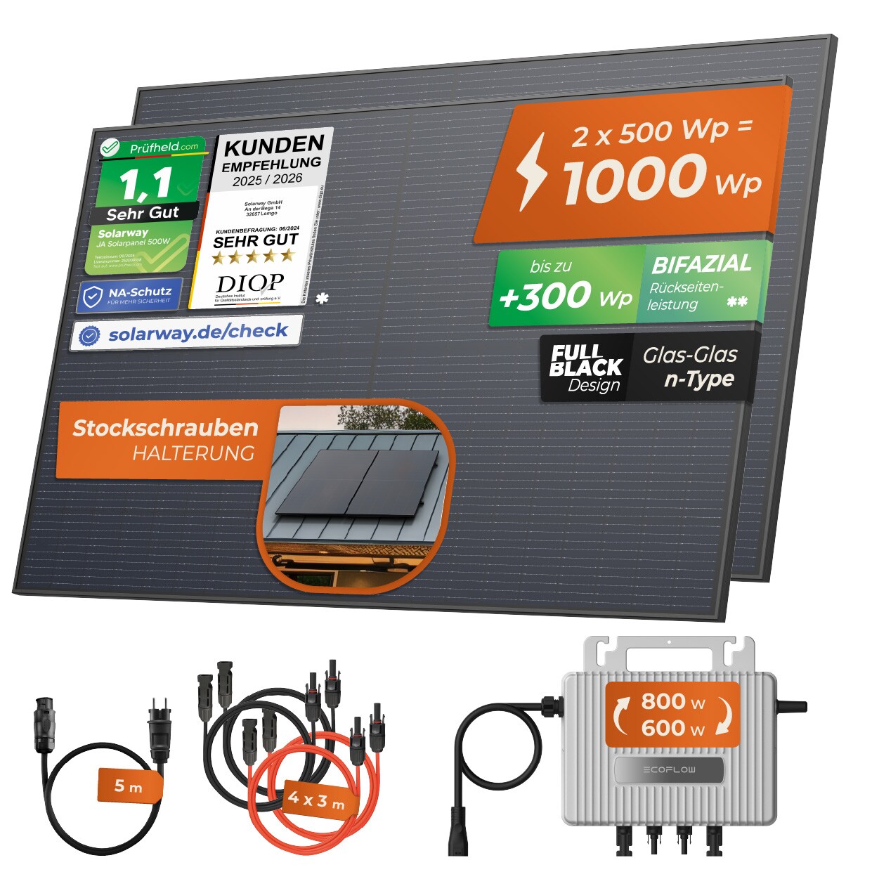 Solarway® 1000Wp / 800W Balkonkraftwerk komplett Steckdose - neuester EcoFlow Stream 800 Watt Wechselrichter - Solaranlage Komplettset - 500W bifaziale black Solarmodule & EcoFlow & Zubehör