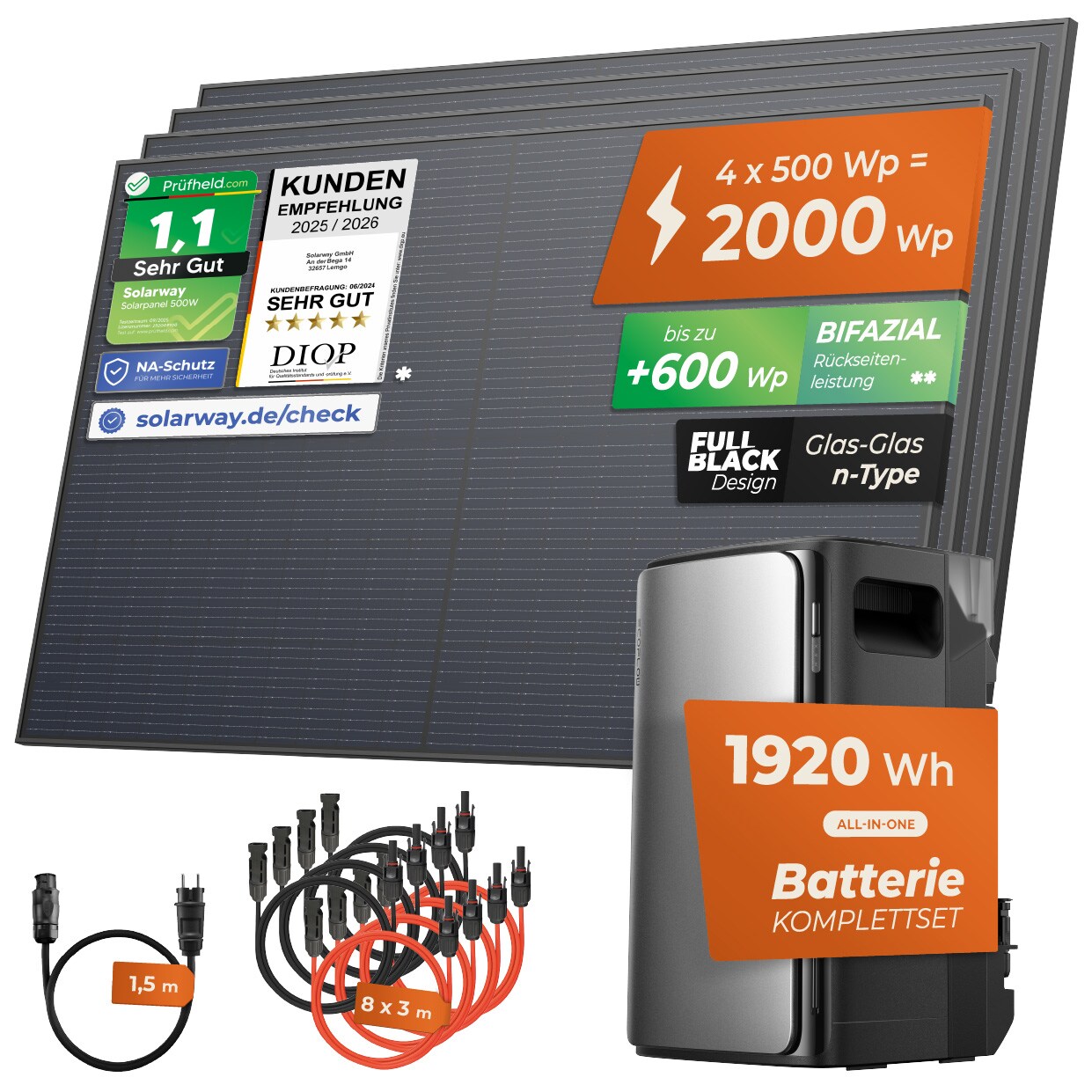 ® 2000Wp / 800W Balkonkraftwerk mit 1,9kWh Speicher komplett Steckdose - 1,9 kWh EcoFlow STREAM Ultra - Solaranlage Komplettset - 500W Solarmodule & EcoFlow Speicher & Zubehör