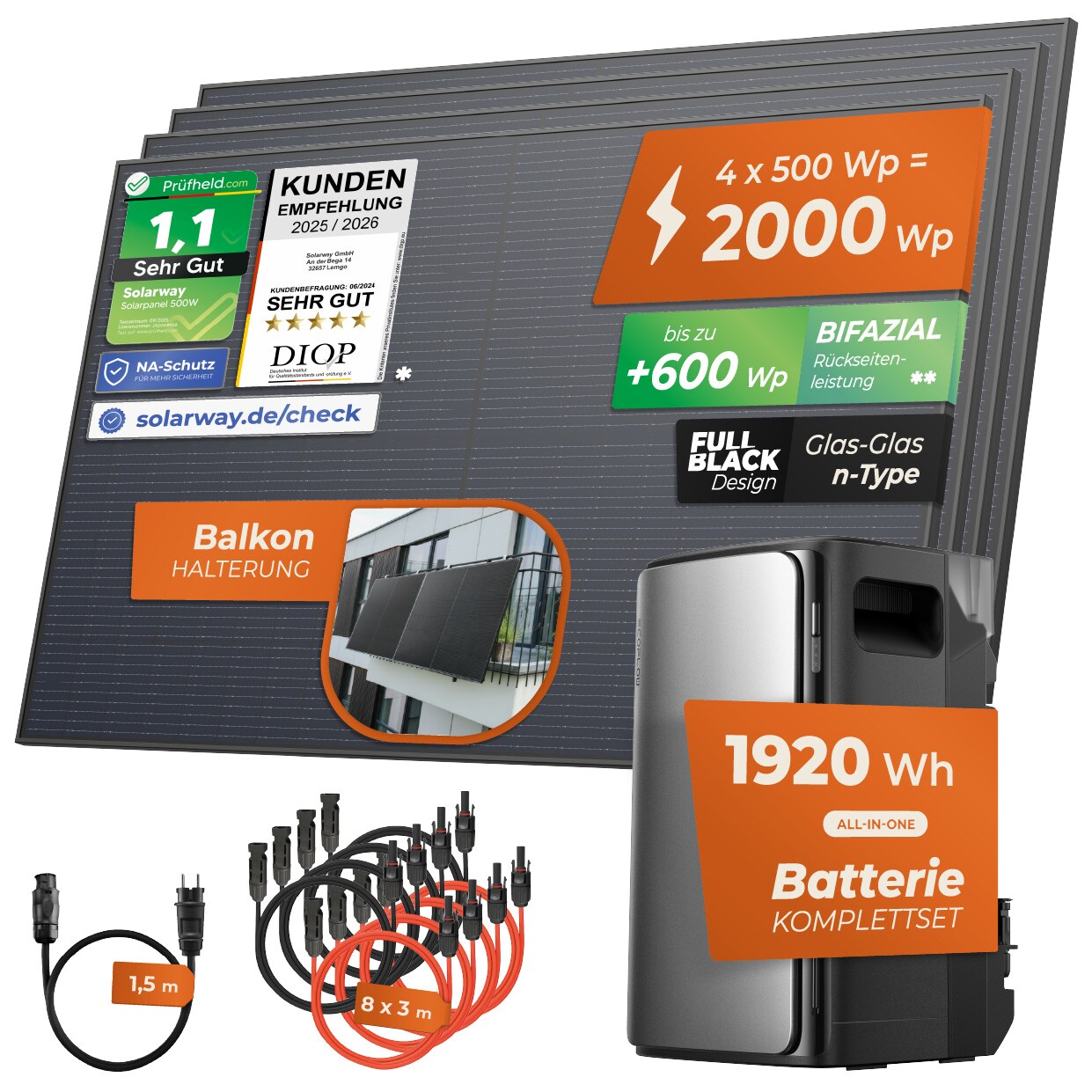 ® 2000Wp / 800W Balkonkraftwerk mit 1,9kWh Speicher komplett Steckdose - 1,9 kWh EcoFlow STREAM Ultra - Solaranlage Komplettset - 500W Solarmodule & EcoFlow Speicher & Zubehör