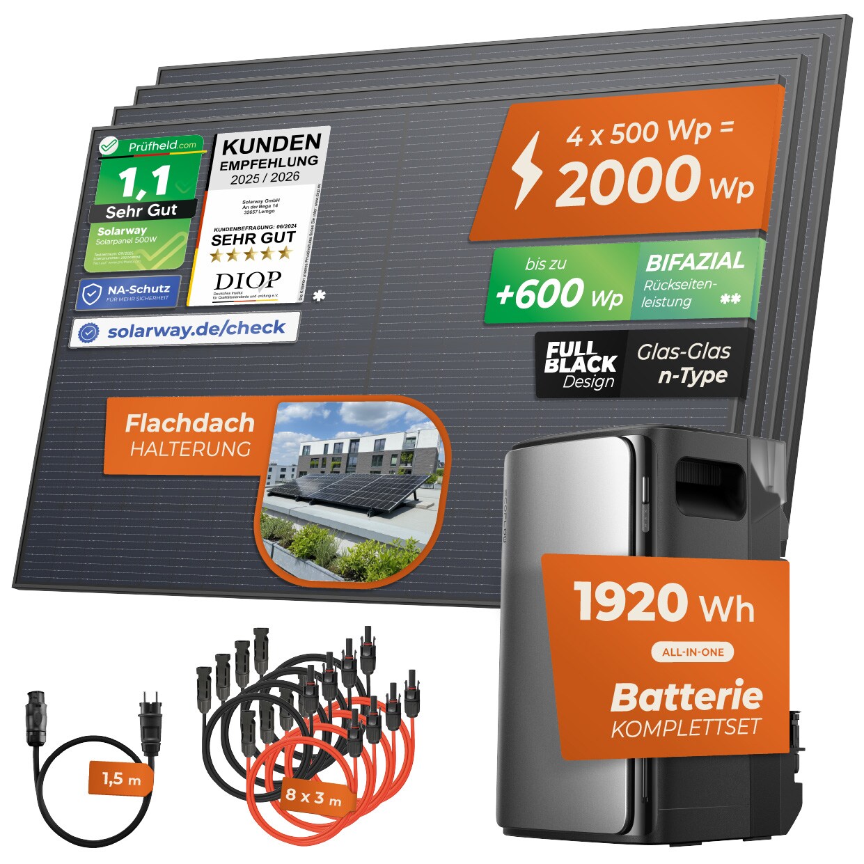 ® 2000Wp / 800W Balkonkraftwerk mit 1,9kWh Speicher komplett Steckdose - 1,9 kWh EcoFlow STREAM Ultra - Solaranlage Komplettset - 500W Solarmodule & EcoFlow Speicher & Zubehör