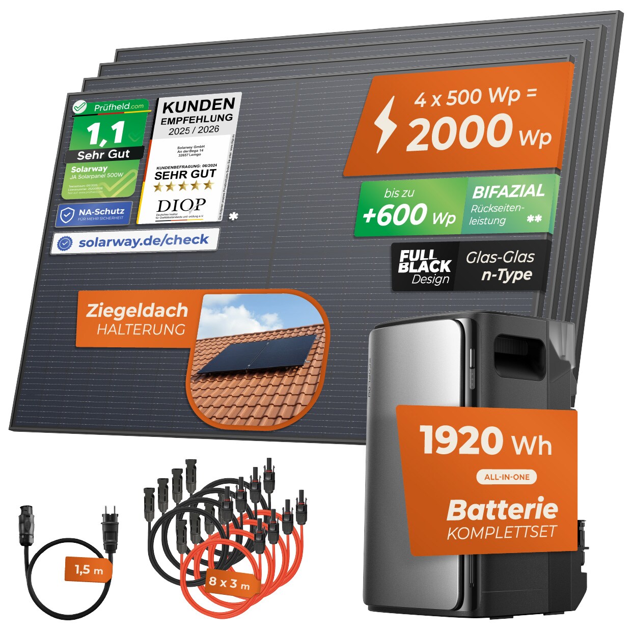 Solarway® 2000Wp / 800W Balkonkraftwerk mit 1,9kWh Speicher komplett Steckdose – 1,9 kWh EcoFlow STREAM Ultra – Solaranlage Komplettset – 500W Solarmodule & EcoFlow Speicher & Zubehör – Ziegeldach Halterung | 04262403076419