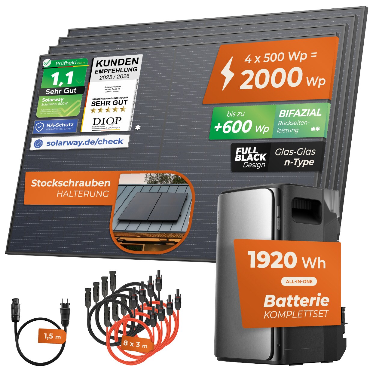 ® 2000Wp / 800W Balkonkraftwerk mit 1,9kWh Speicher komplett Steckdose - 1,9 kWh EcoFlow STREAM Ultra - Solaranlage Komplettset - 500W Solarmodule & EcoFlow Speicher & Zubehör