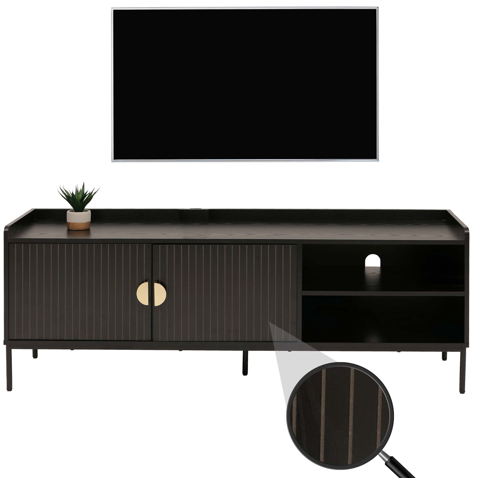 TV-Rack MCW-O39, TV-Board Fernsehtisch Lowboard TV-Schrank Kommode, Melamin MDF 56x150x40cm ~ Holzoptik schwarz