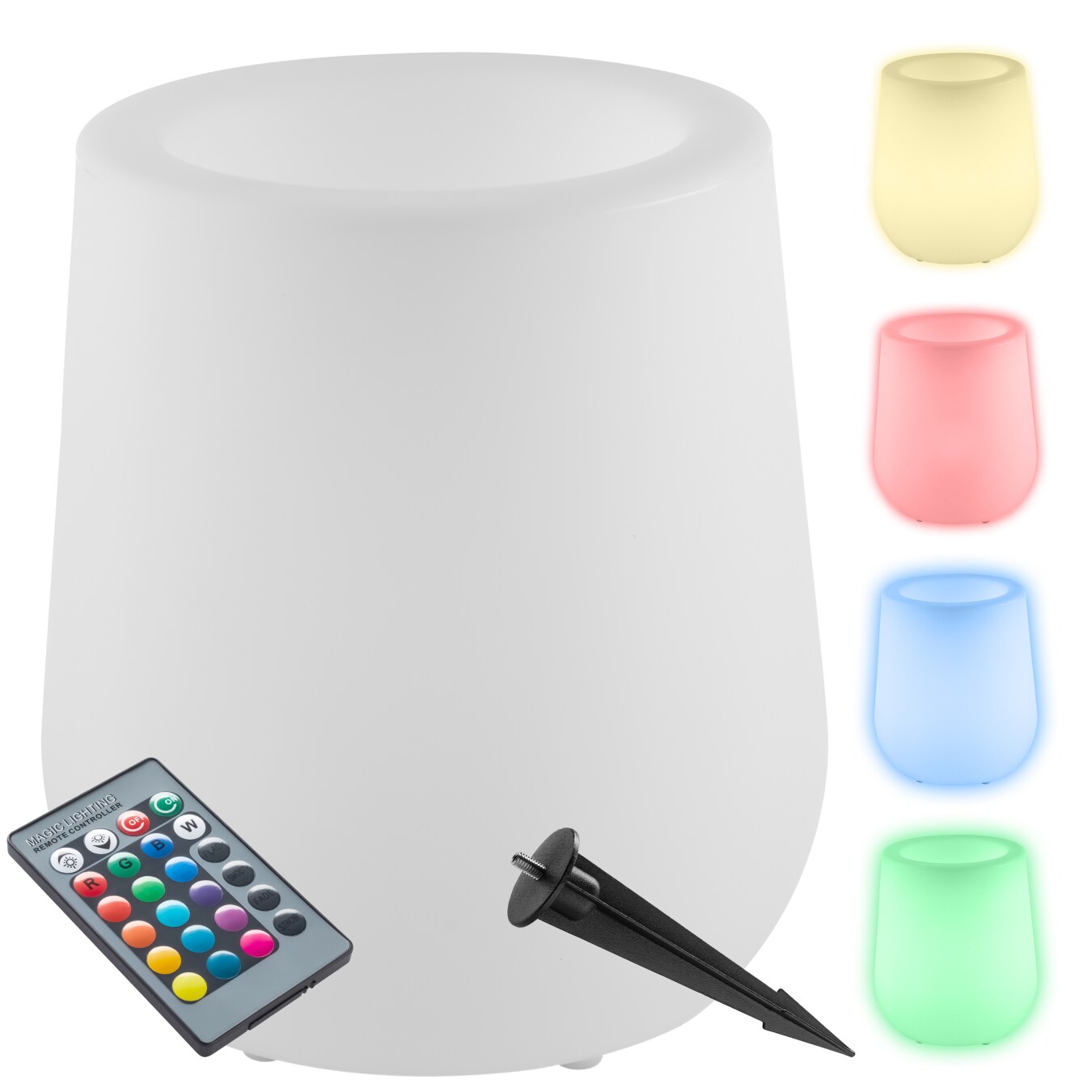 tectake® LED-Blumentopf, als Blumentopf mit LED-Beleuchtung, 12 W, samt Fernbedienung und Leuchtmittel, 38 x 44 cm, inkl. Erdspieß und 3 Standfüße | 04061173262677