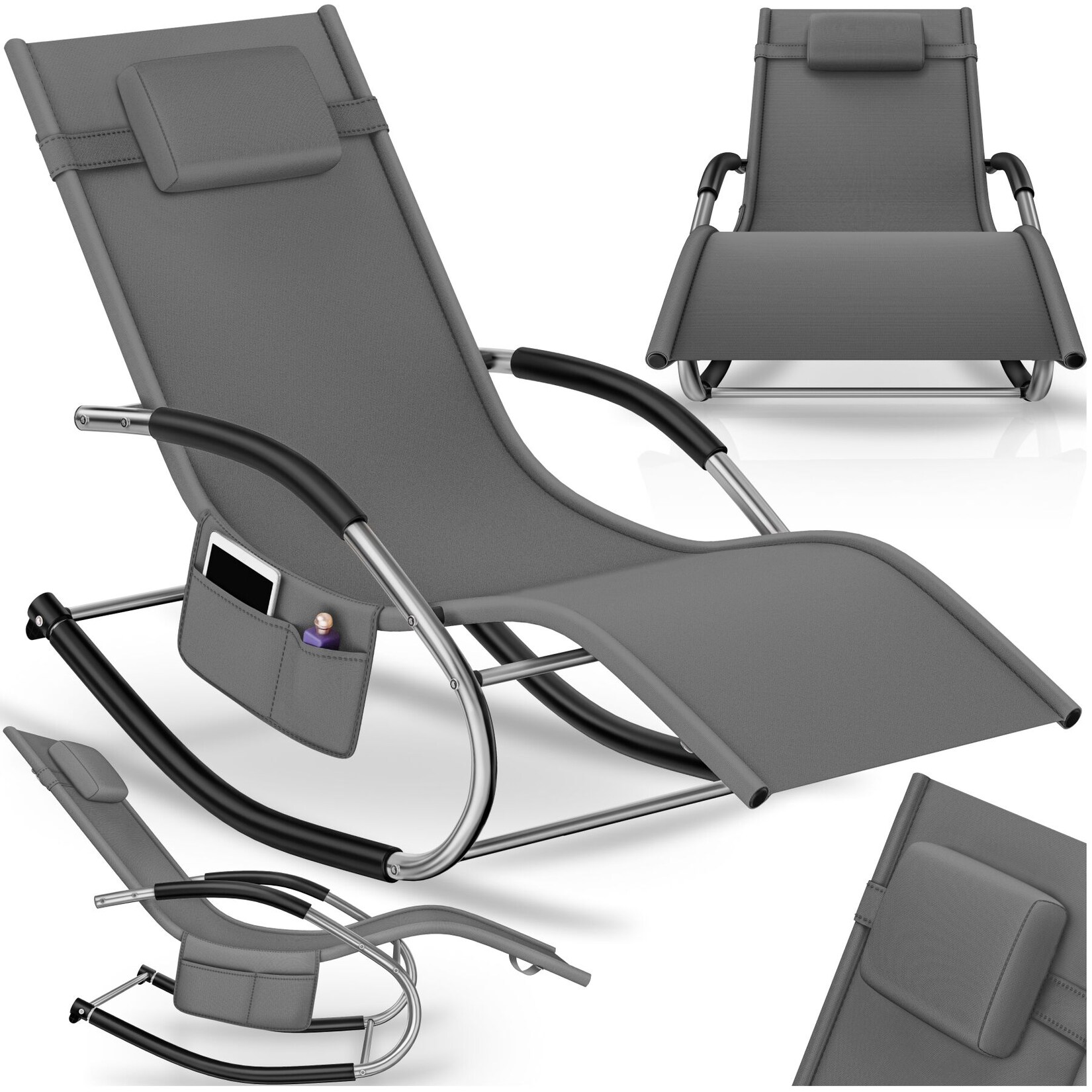 tectake® Sonnenliege, ergonomisch, mit Komfort-Schwingbewegung, atmungsaktives, wasserabweisendes Textilene-Gewebe, abnehmbares Kopfpolster, seitliche Aufbewahrungstasche