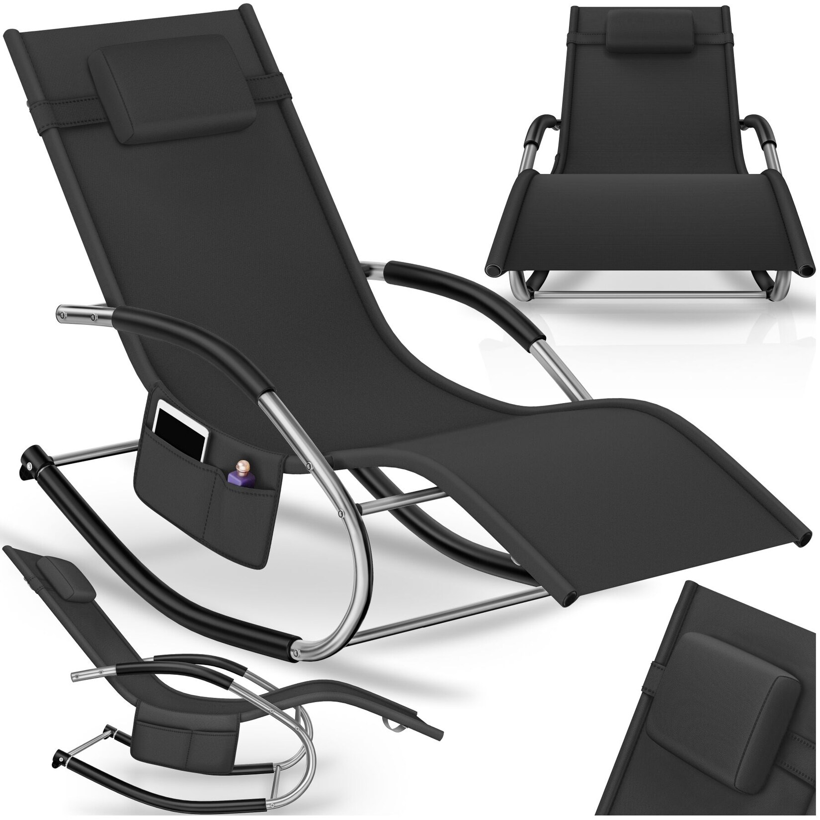 tectake® Sonnenliege, ergonomisch, mit Komfort-Schwingbewegung, atmungsaktives, wasserabweisendes Textilene-Gewebe, abnehmbares Kopfpolster, seitliche Aufbewahrungstasche