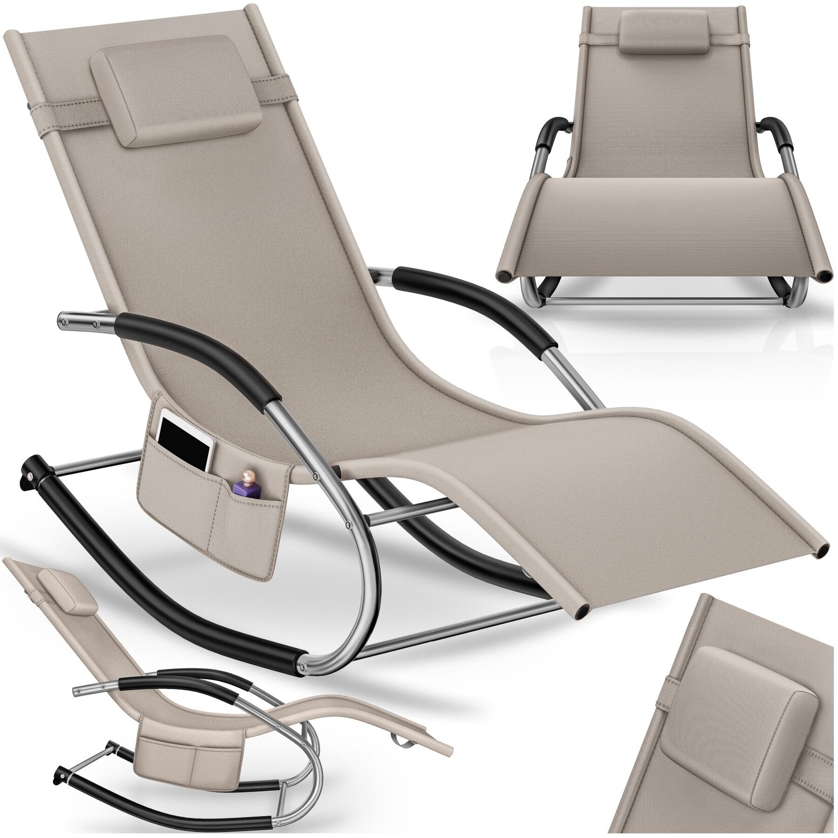 tectake® Sonnenliege, ergonomisch, mit Komfort-Schwingbewegung, atmungsaktives, wasserabweisendes Textilene-Gewebe, abnehmbares Kopfpolster, seitliche Aufbewahrungstasche
