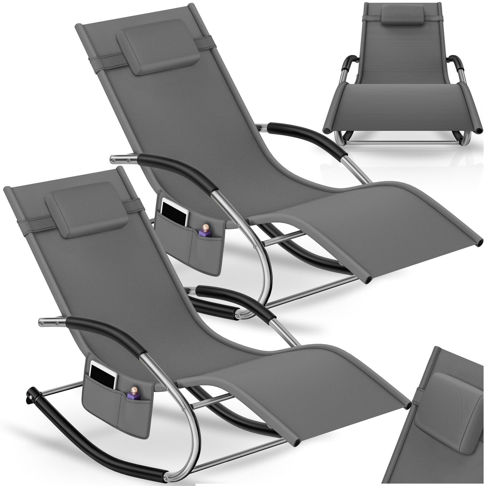 tectake® Sonnenliege, ergonomisch, mit Komfort-Schwingbewegung, atmungsaktives, wasserabweisendes Textilene-Gewebe, abnehmbares Kopfpolster, seitliche Aufbewahrungstasche