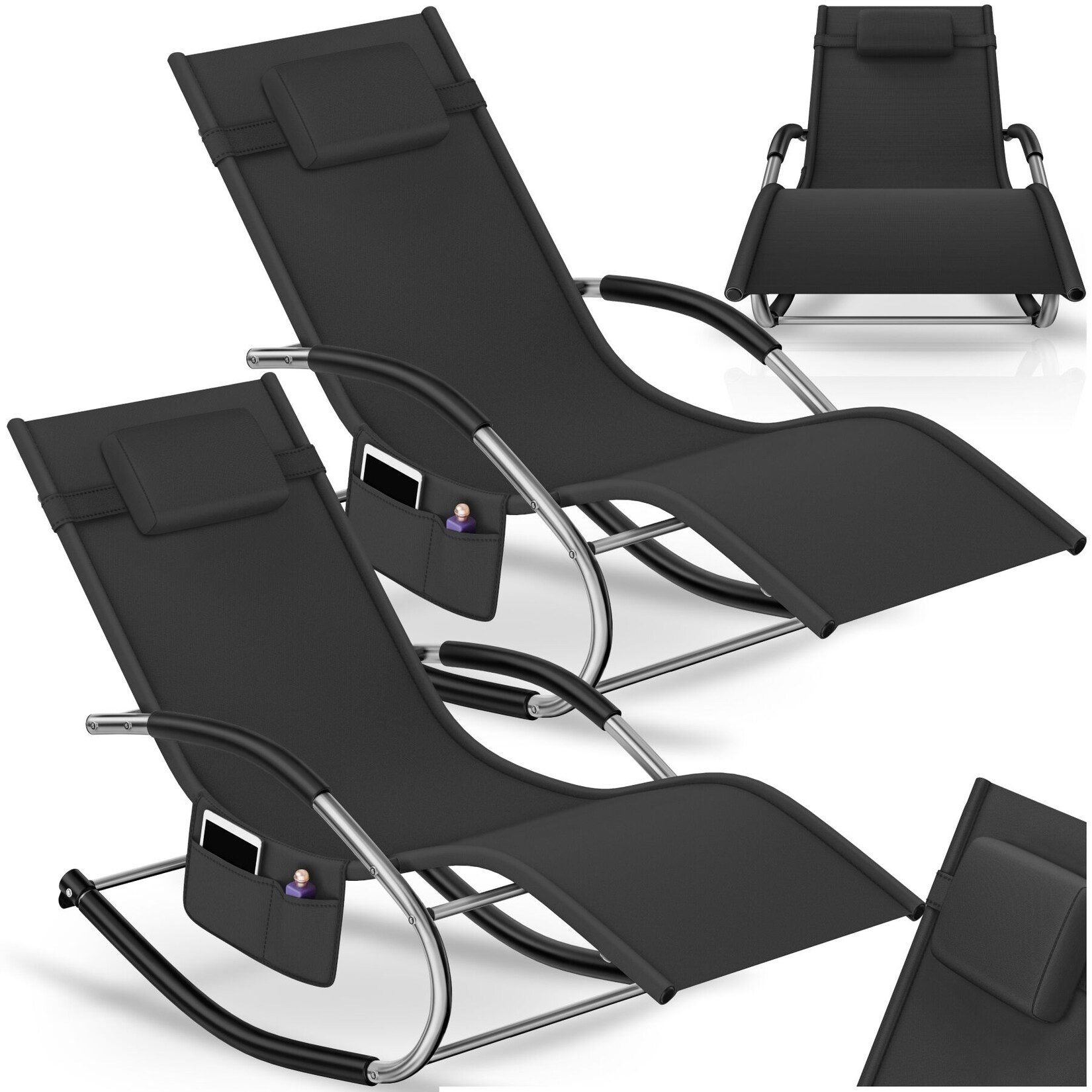 tectake® Sonnenliege, ergonomisch, mit Komfort-Schwingbewegung, atmungsaktives, wasserabweisendes Textilene-Gewebe, abnehmbares Kopfpolster, seitliche Aufbewahrungstasche