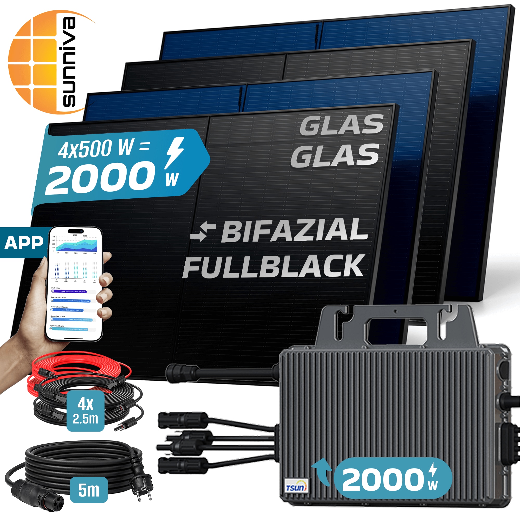 SUNNIVA&reg; 2000W Balkonkraftwerk BIFAZIAL FULLBLACK komplett Steckdose TSUN 2000 Watt Wechselrichter, PV Solaranlage Komplettset, 4x 500W N-Type Glas-Glas Bifacial Solarmodule, 5m Kabel & 4x 2.5m Solarkabel - Bild 1